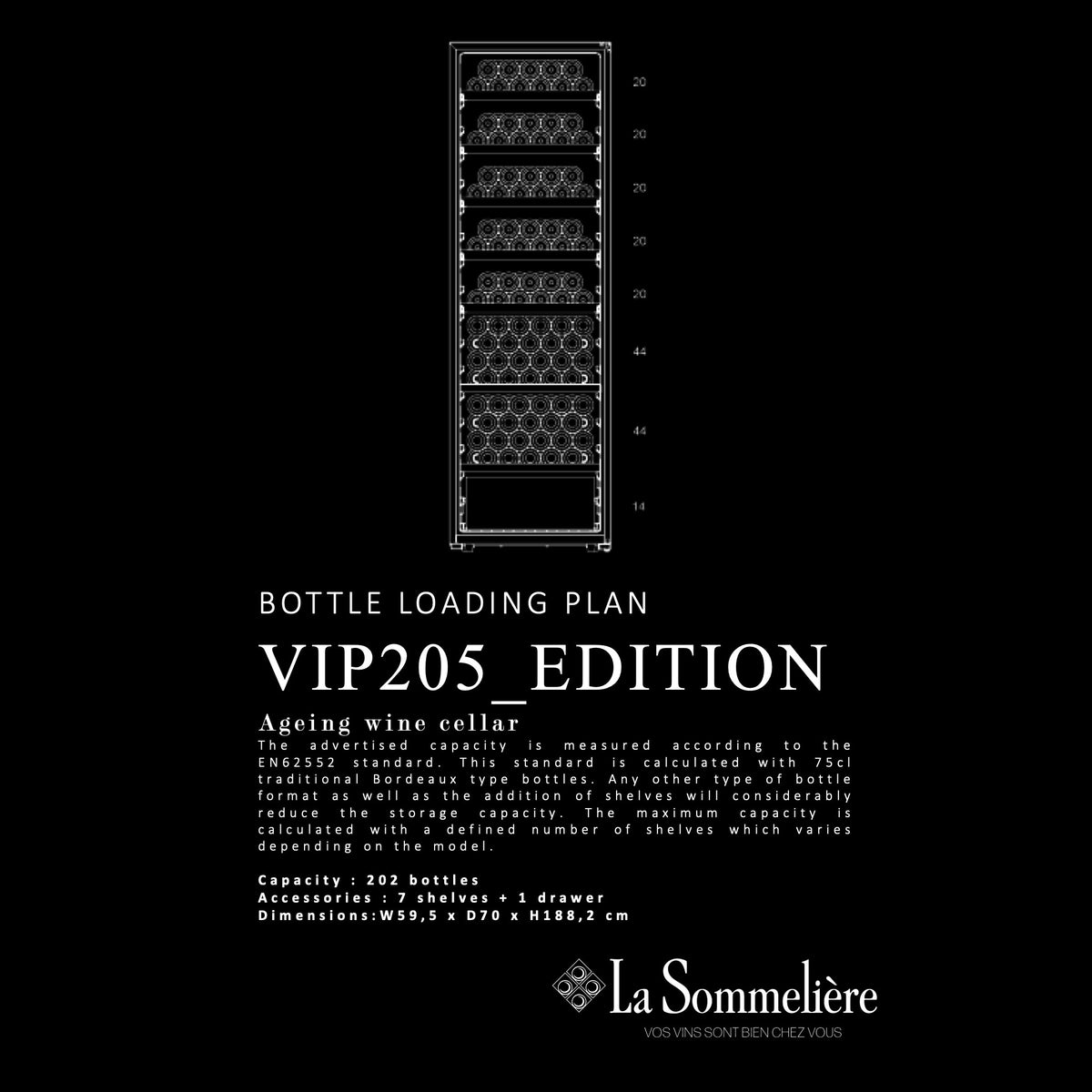 Plano de carga de la vinoteca La Sommelière VIP205 EDITION: 202 botellas, 7 estantes y 1 cajón