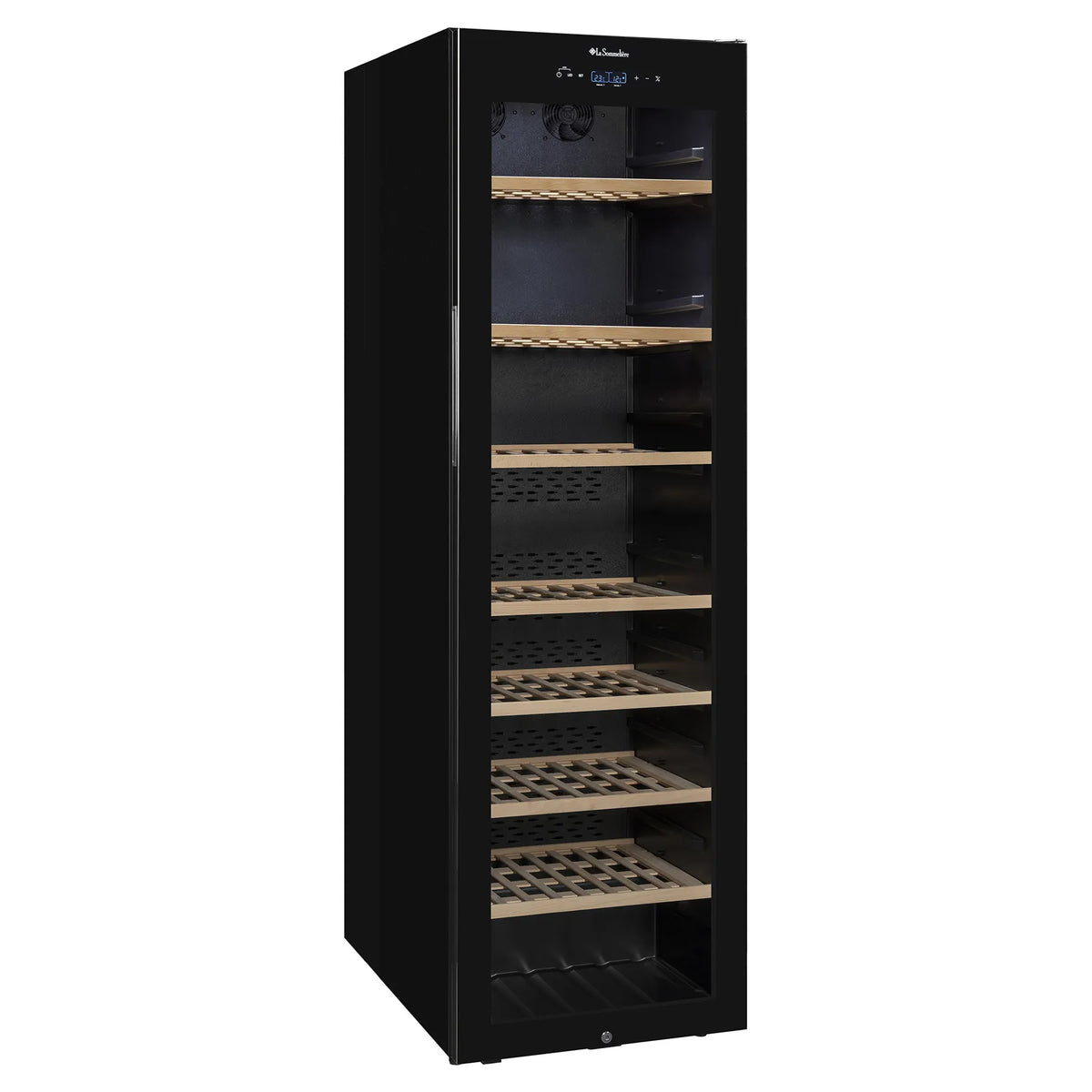 Vinoteca La Sommelière CLASSIC240 vista tres cuartos con la puerta cerrada y estantes de madera vacíos