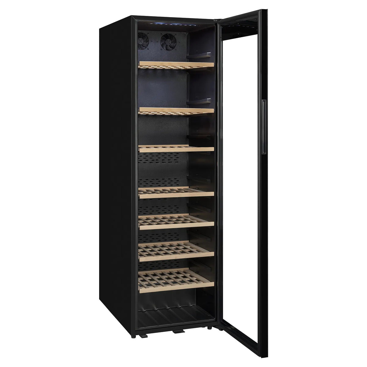 Vinoteca La Sommelière CLASSIC240 vista tres cuartos con la puerta abierta y estantes de madera vacíos