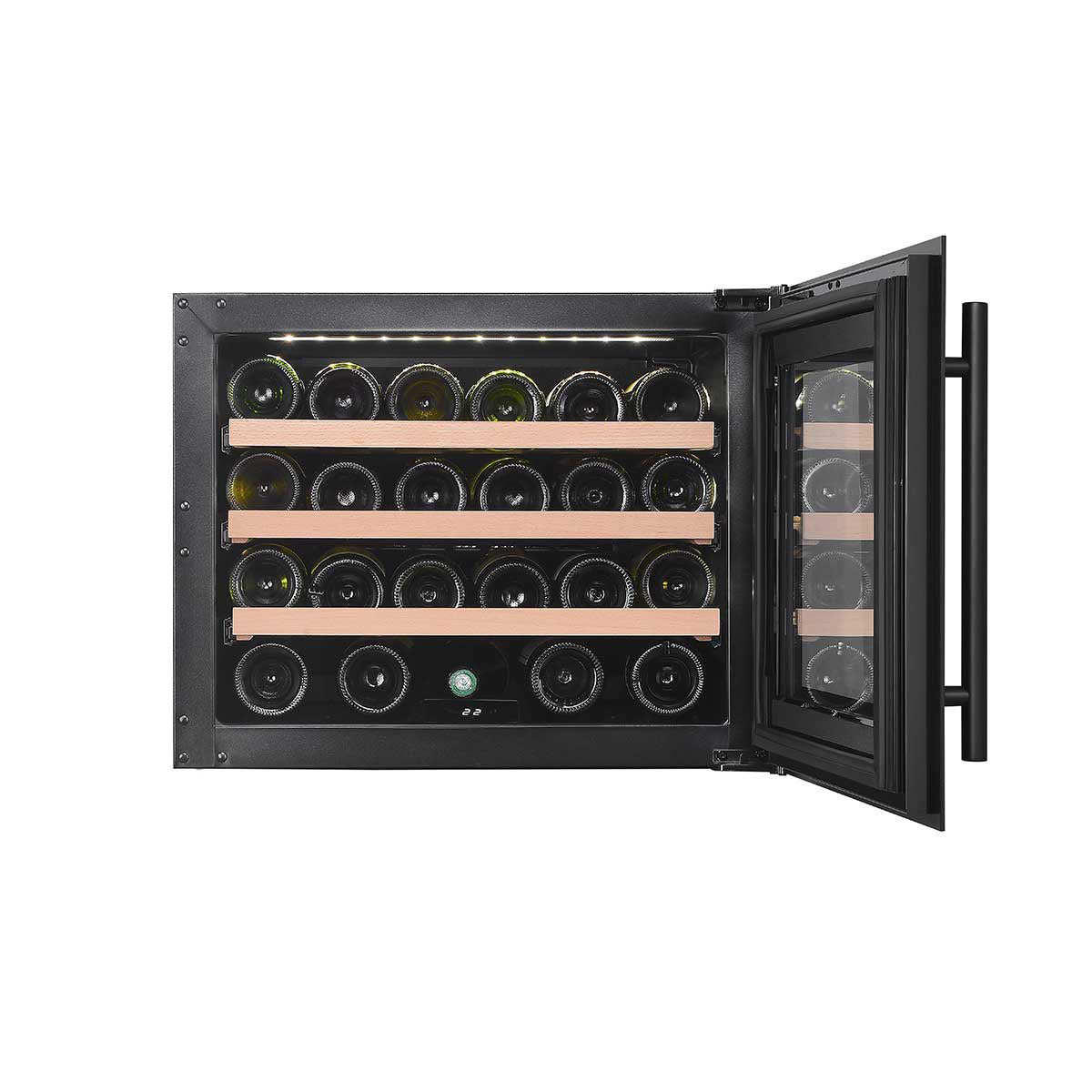 Vinoteca encastrable 24 botellas Cavanova CV024KTNS vista frontal con puerta abierta y con botellas de vino