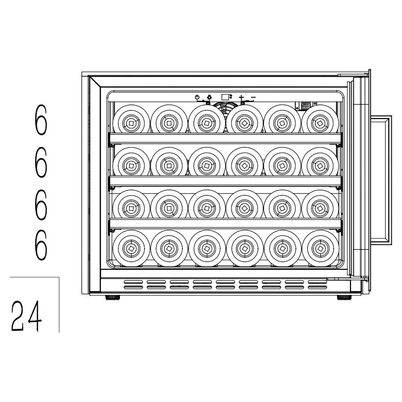 Diagrama de capacidad de la vinoteca Cavin Scandinavian Collection 45 Fullglass Black para 24 botellas.