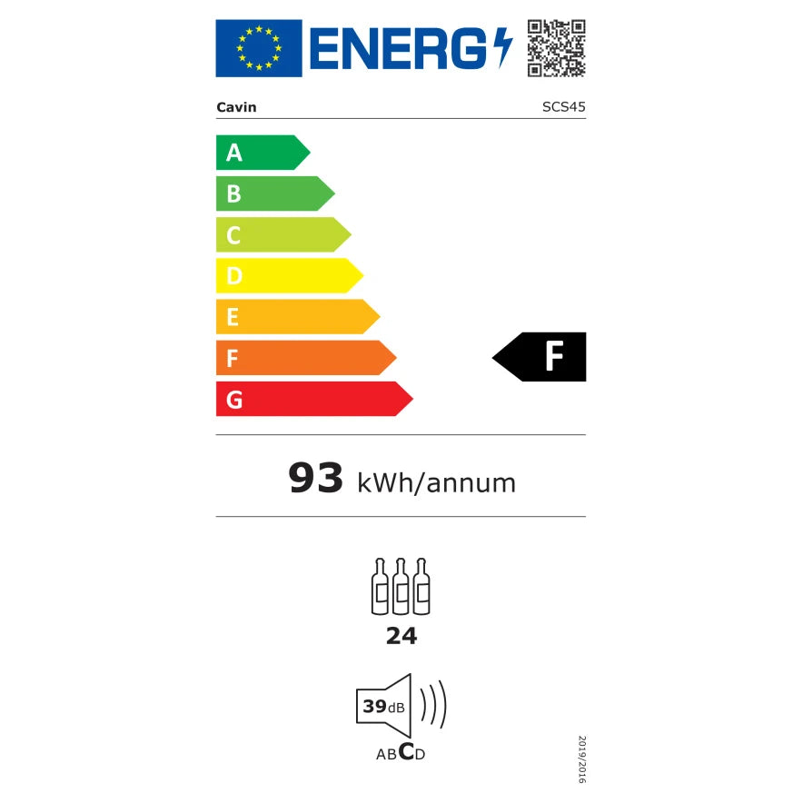 Etiqueta energética de la vinoteca Cavin Scandinavian Collection 45 Fullglass Black de 24 botellas, clase G y consumo anual de 93 kWh.