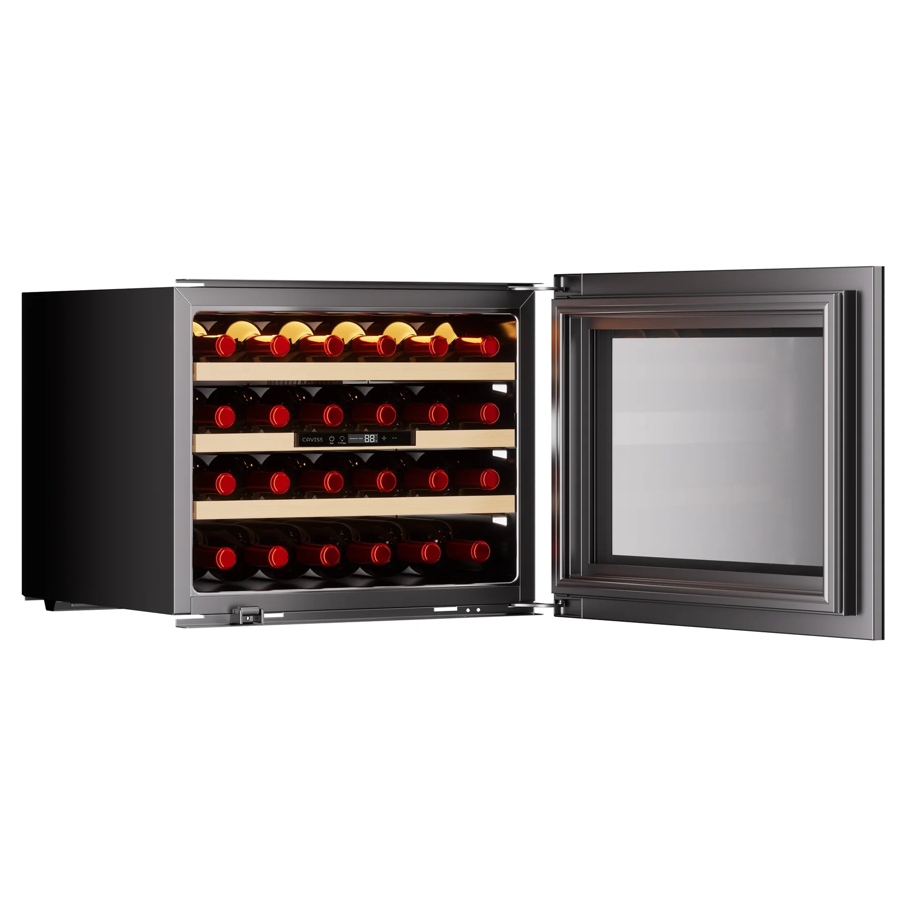 Vinoteca Caviss CT1E24H45N60 abierta y llena de botellas, vista frontal