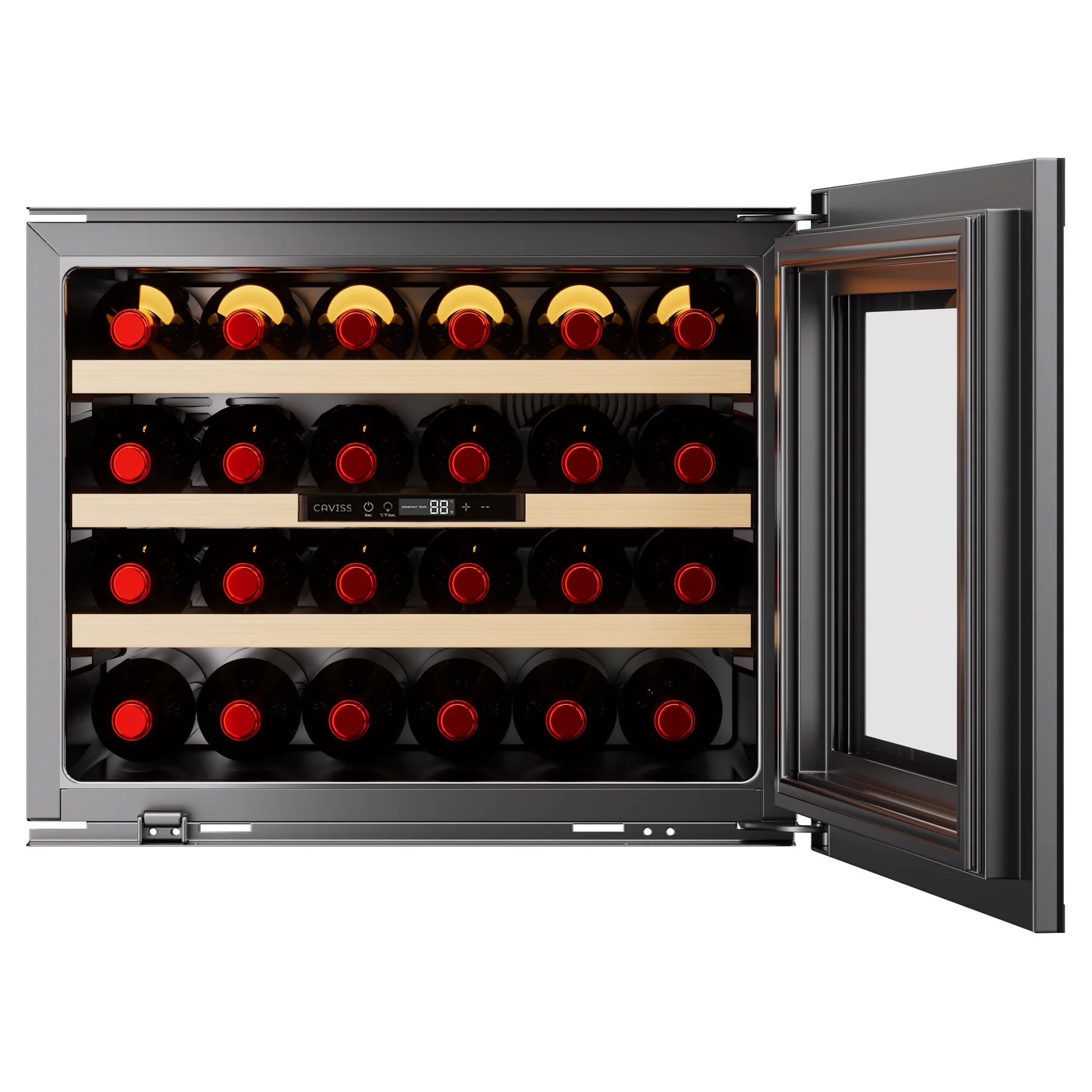 Vinoteca Caviss CT1E24H45N60 abierta con los tres estantes de madera llenos
