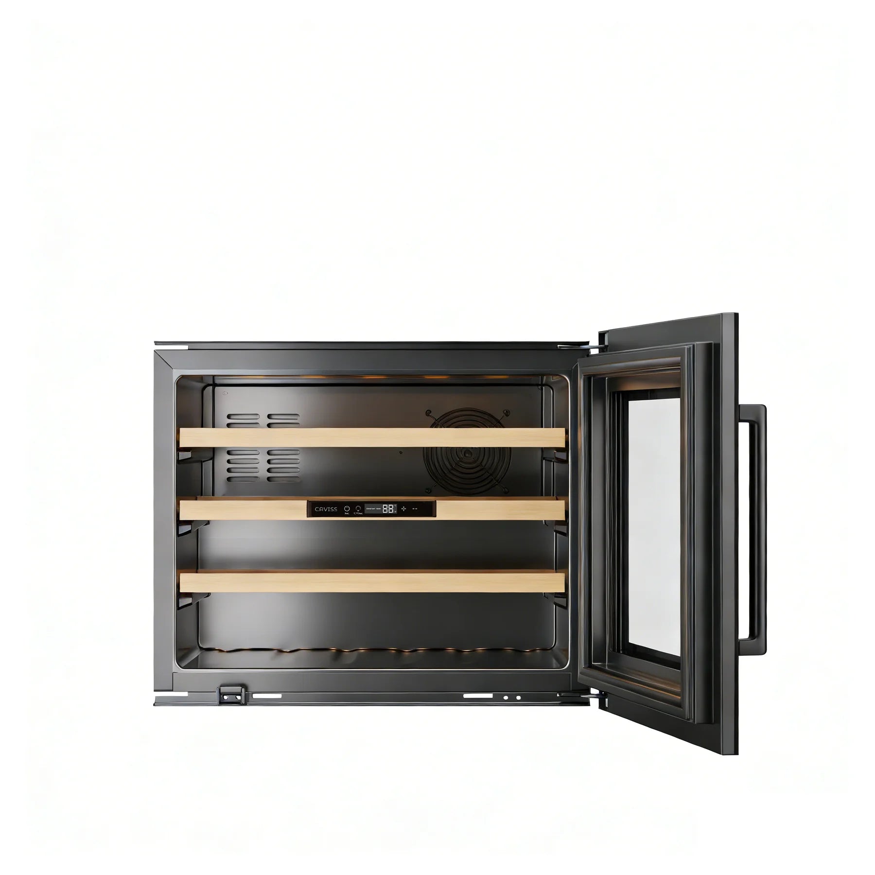 Interior vacío de la vinoteca Caviss CT1E24H45N60 con los estantes de madera