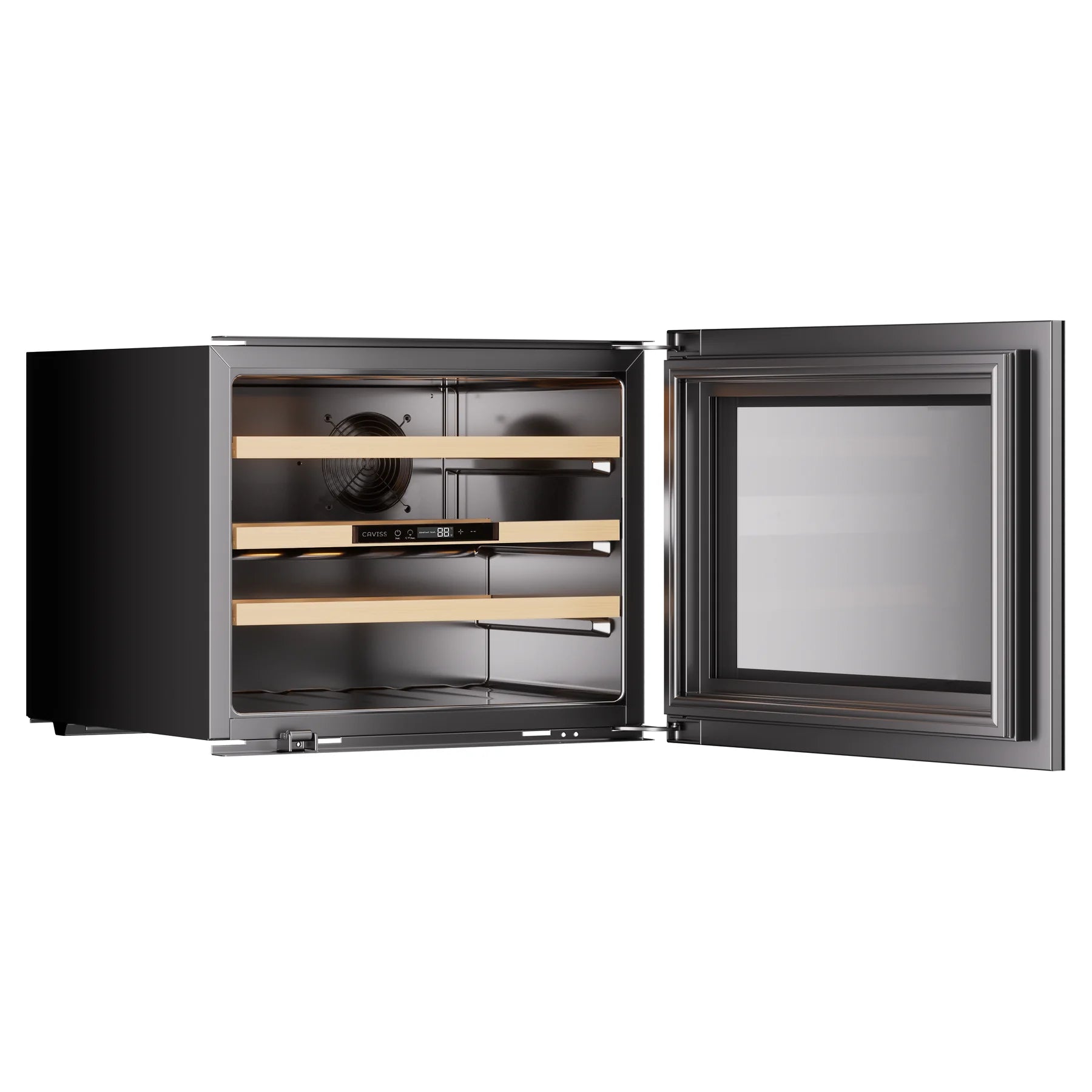 Vinoteca Caviss CT1E24H45N60 abierta y vacía, vista de tres cuartos