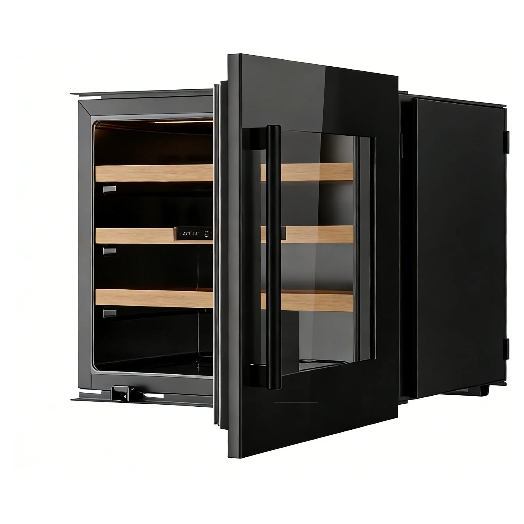 Vinoteca Caviss CT1E24H45N60 con la puerta abierta mostrando el interior iluminado