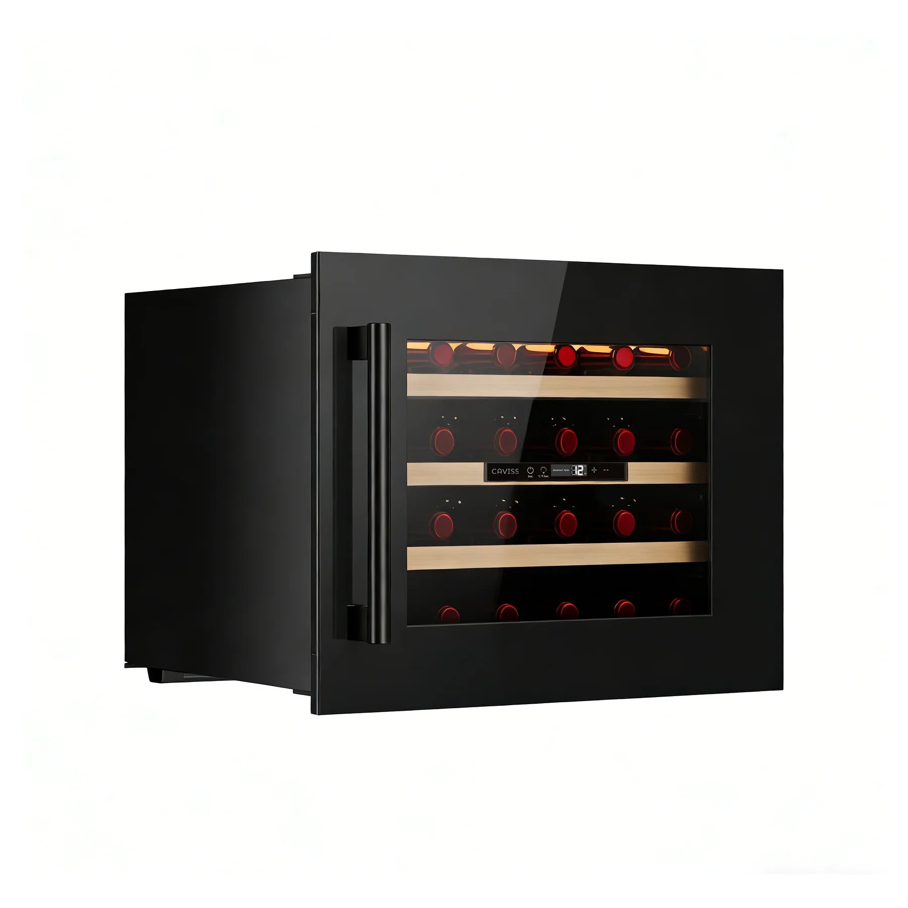 Vinoteca Caviss CT1E24H45N60 cerrada y llena, vista de tres cuartos
