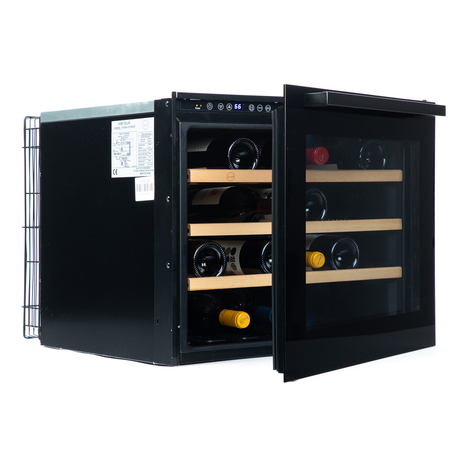 Vinoteca encastrable 24 botellas Vinobox 24 Design Black vista lateral puerta semi abierta con botellas de vino