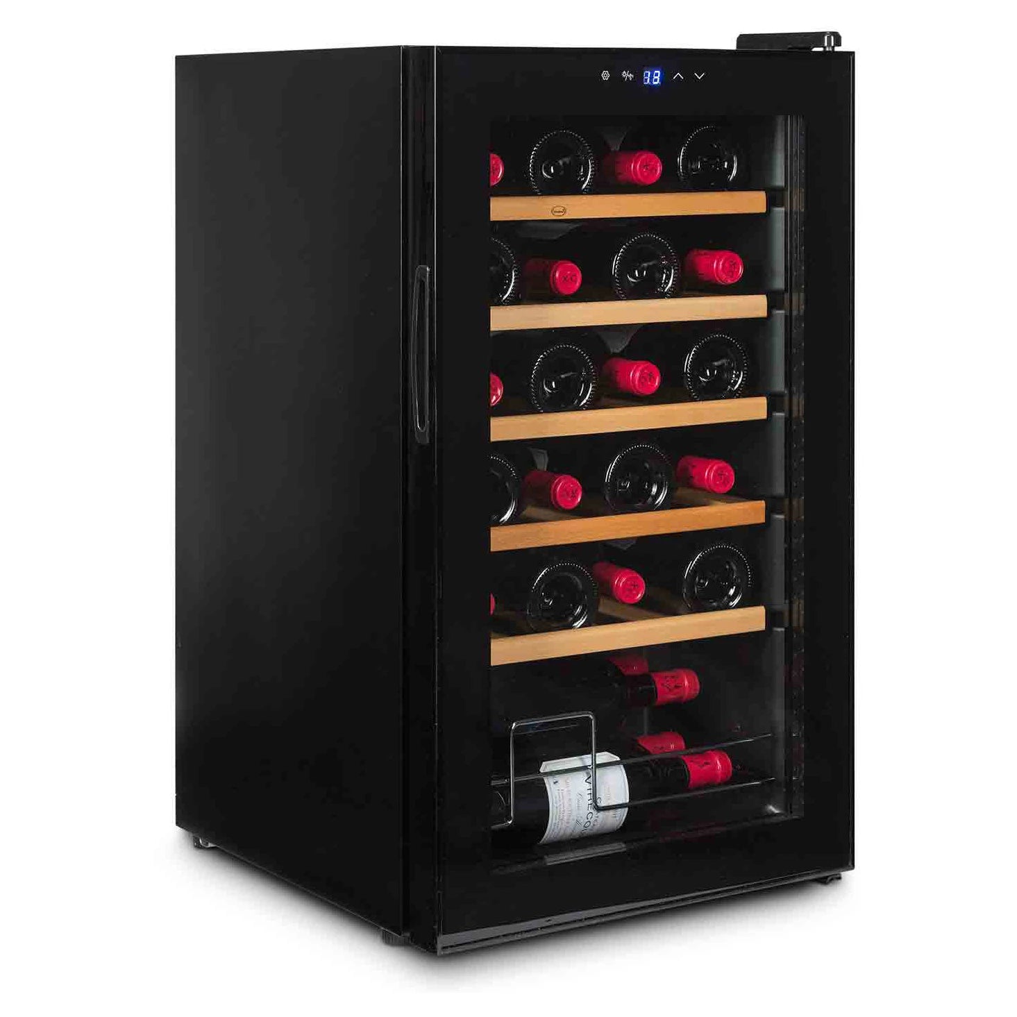 Interior de la vinoteca Vinobox V24 Pro con cinco bandejas de madera para botellas.