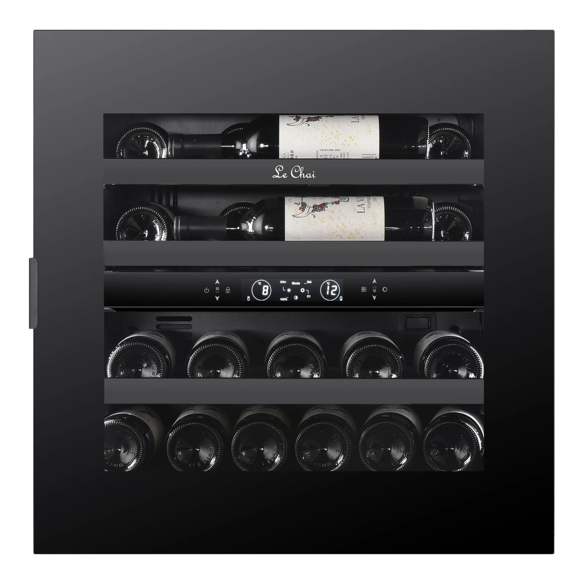 Le Chai LT2BI25H60A 25-bottle wine cooler, front view with the door closed, full of bottles, with the Black Inox shelf fronts.