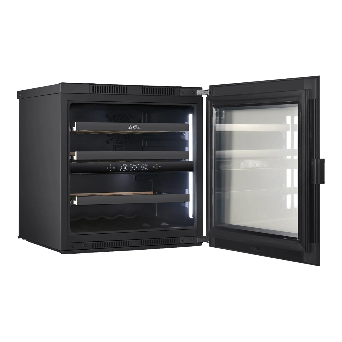 Le Chai LT2BI25H60A 25-bottle wine cooler, empty, three-quarter view with the door open and the shelves in view.