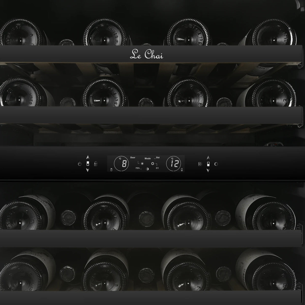 Le Chai LT2BI25H60A 25-bottle wine cooler, close-up of the control panel showing the temperature of both zones.