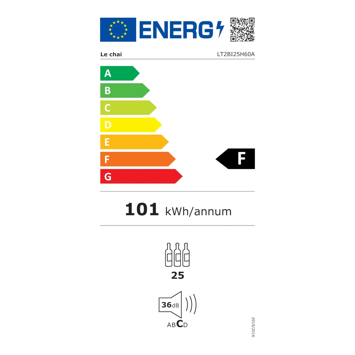 Energy label of the Le Chai LT2BI25H60A wine cooler, class F.