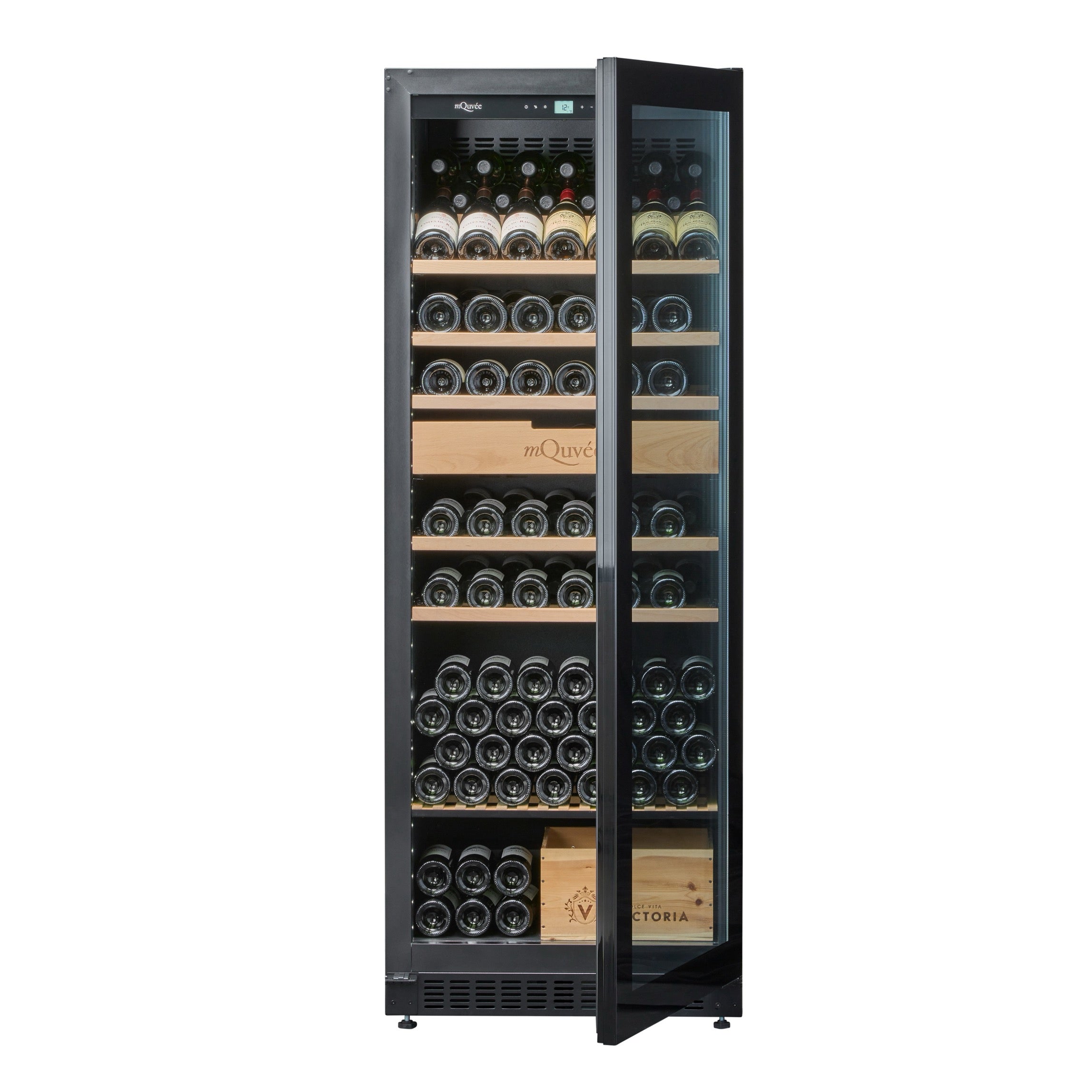 Vinoteca 273 botellas mQuvée VELVET 220 frontal semiabierta llena