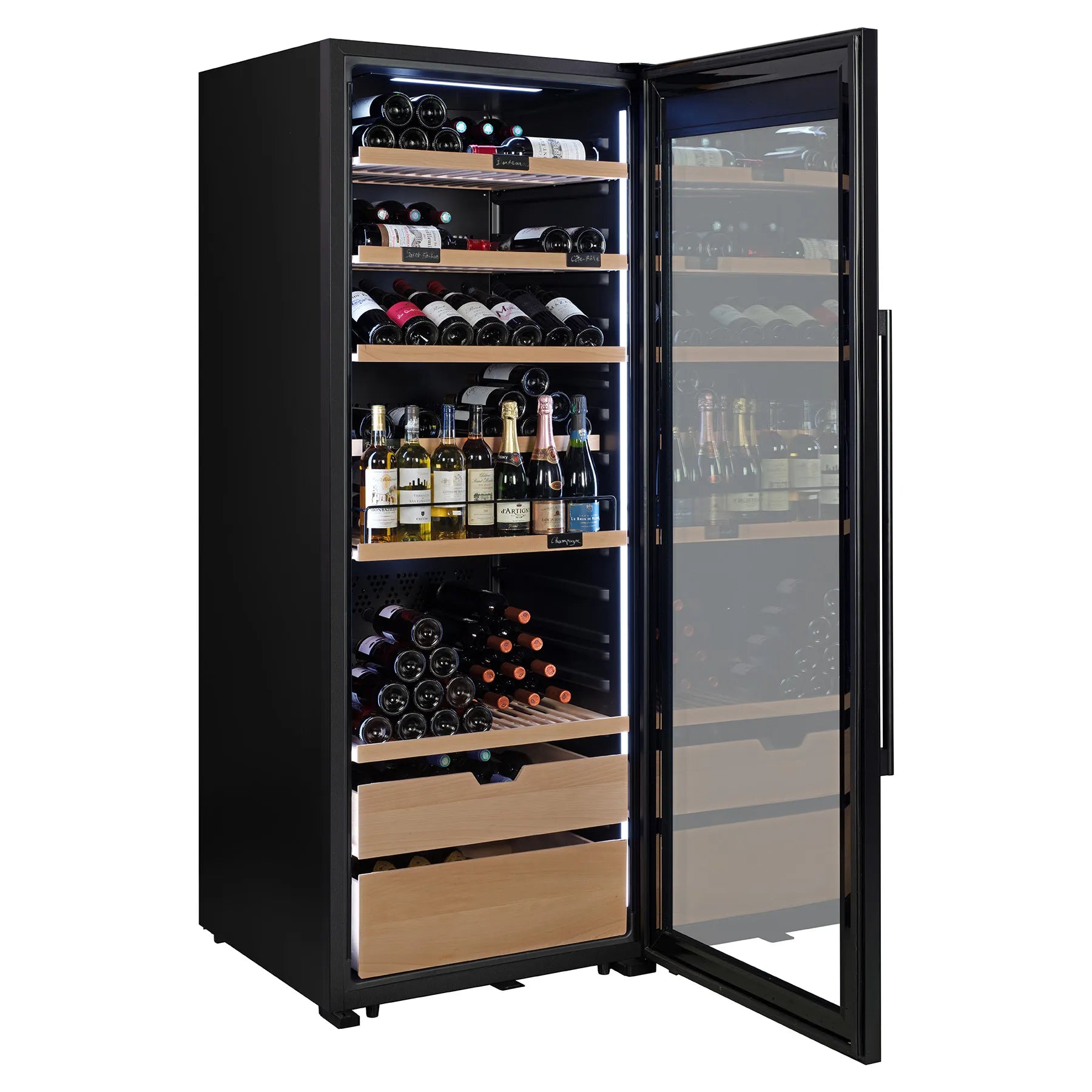 Vinoteca La Sommelière VIP273 Edition con iluminación interior fría, puerta de cristal y estantes de madera con botellas de vino almacenadas.