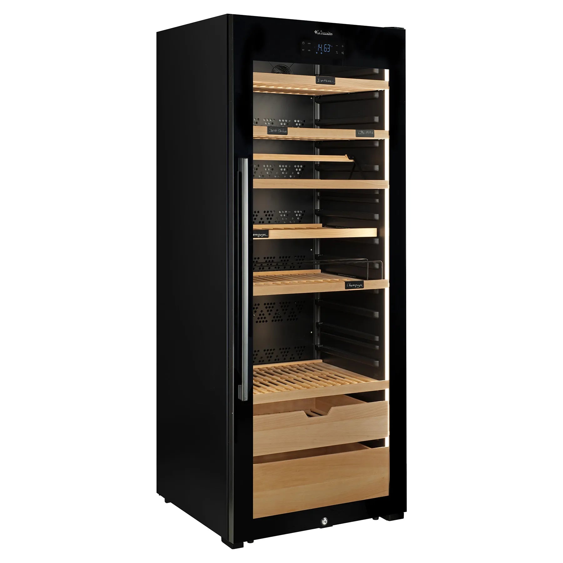 Vinoteca La Sommelière VIP273 Edition vacía, con puerta de cristal, iluminación interior y estantes de madera ajustables sin botellas.