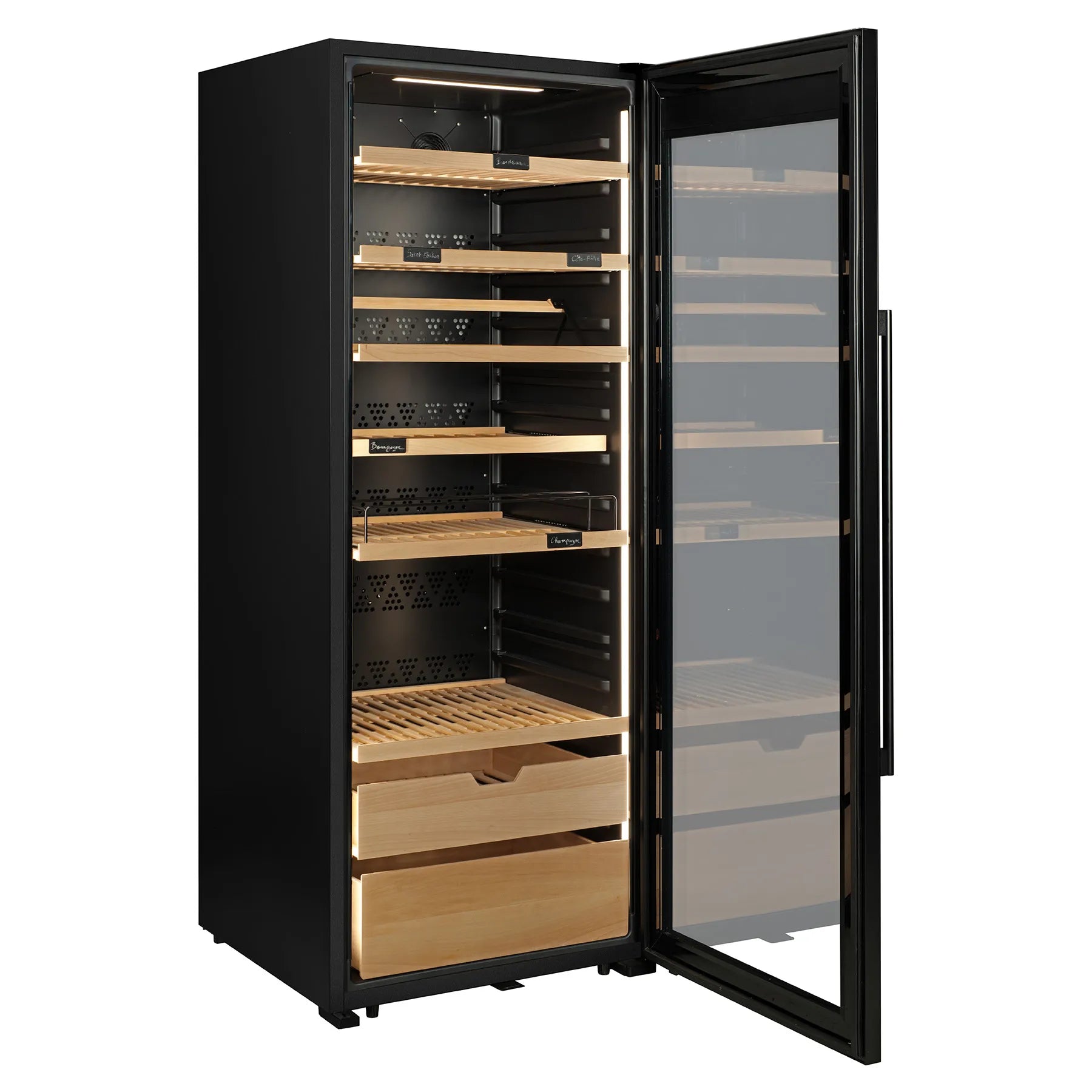 Vinoteca La Sommelière VIP273 Edition vacía con puerta abierta, iluminación interior y estantes de madera ajustables junto a cajones de almacenamiento.