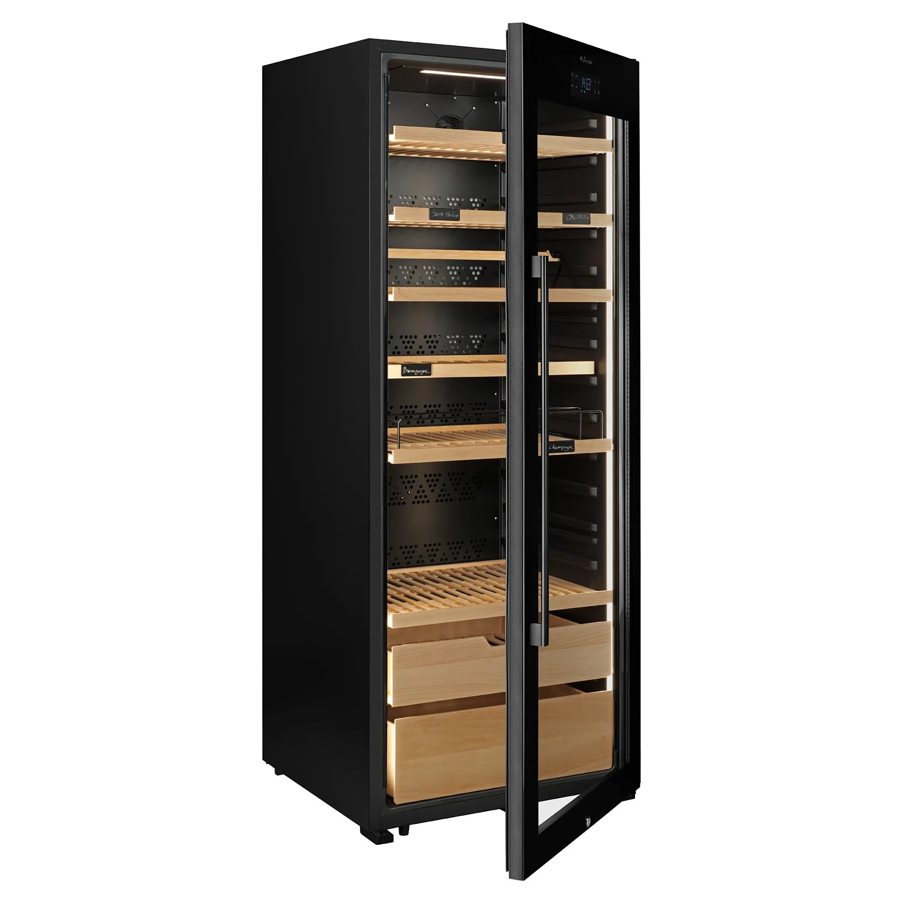 Vinoteca La Sommelière VIP273 Edition vacía con puerta entreabierta, iluminación interior y estantes de madera ajustables con cajones inferiores.