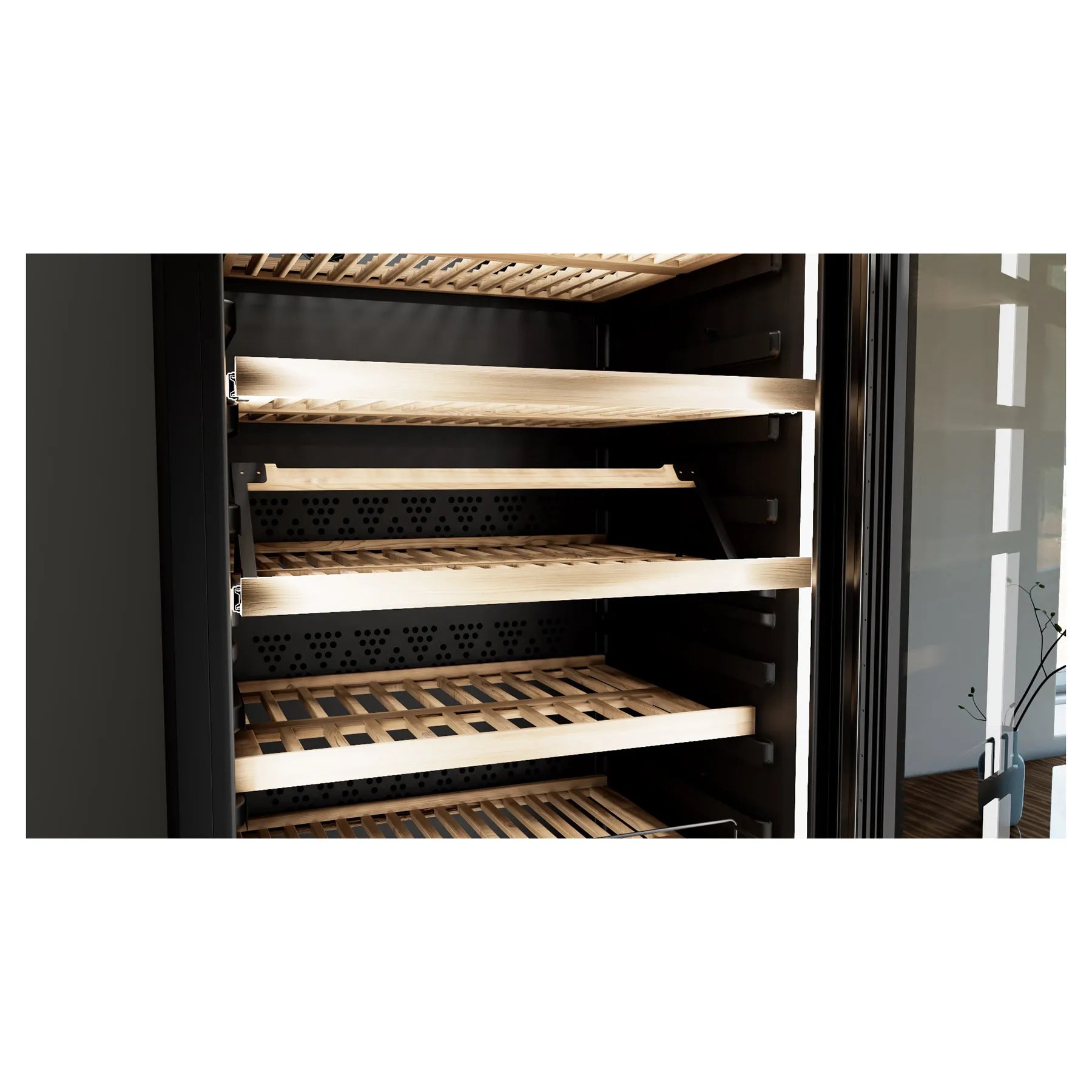 Vista frontal de una vinoteca vacía con estantes de madera, cajones inferiores y pantalla digital de temperatura en la parte superior.