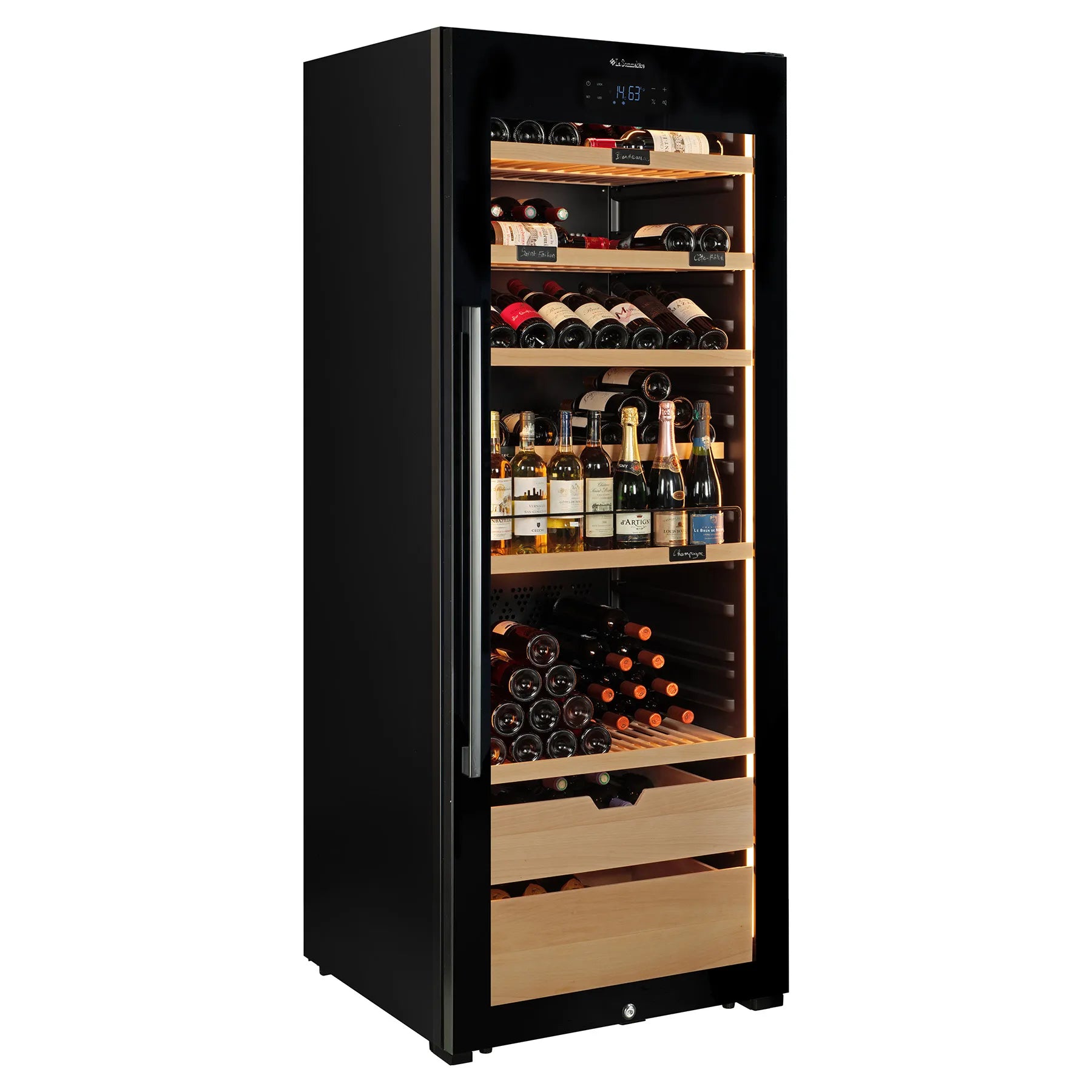 Vinoteca negra La Sommelière VIP273 Edition con puerta de cristal, estantes de madera iluminados y capacidad para almacenar hasta 273 botellas de vino.