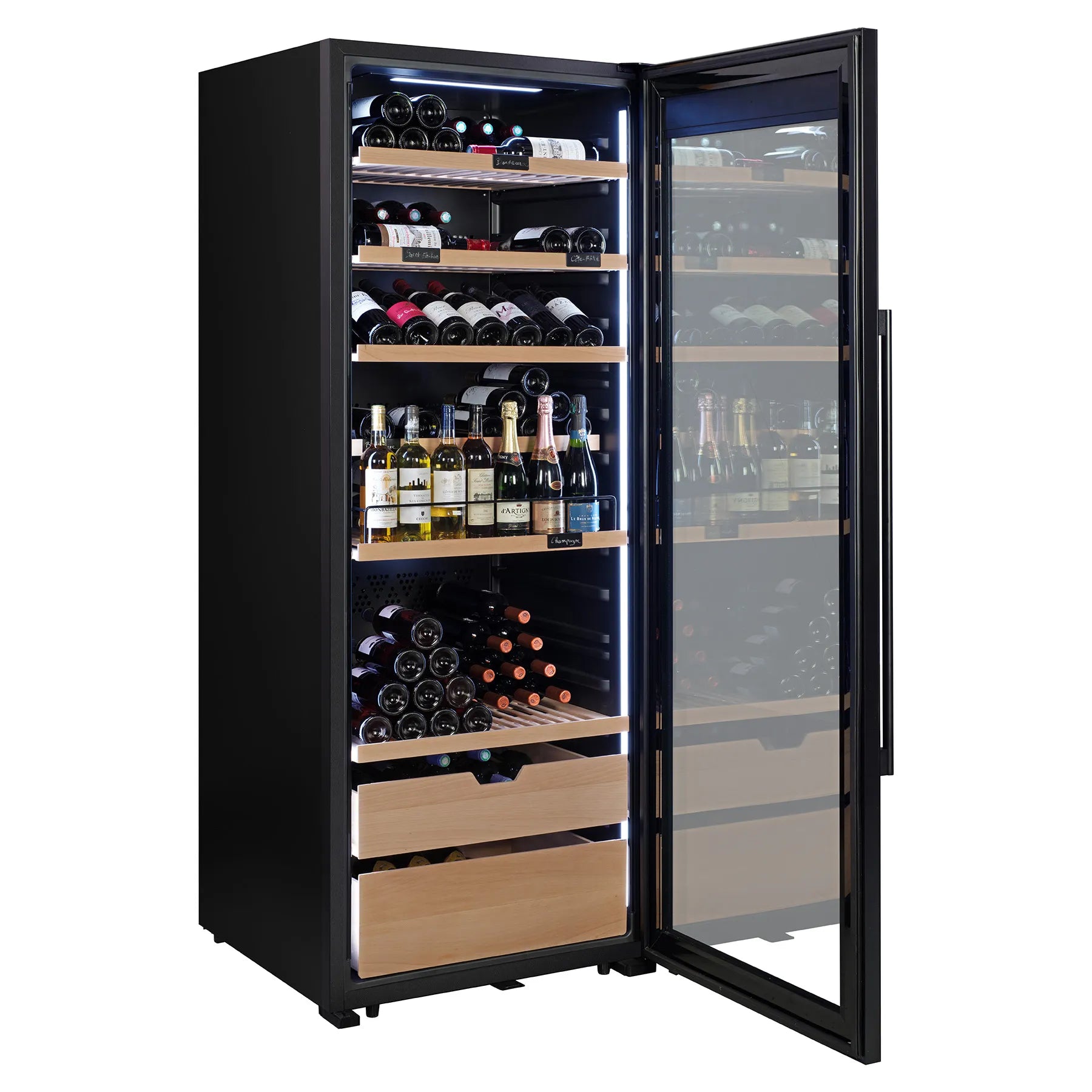 Vinoteca La Sommelière VIP273 Edition con iluminación interior fría, puerta de cristal y estantes de madera con botellas de vino almacenadas.