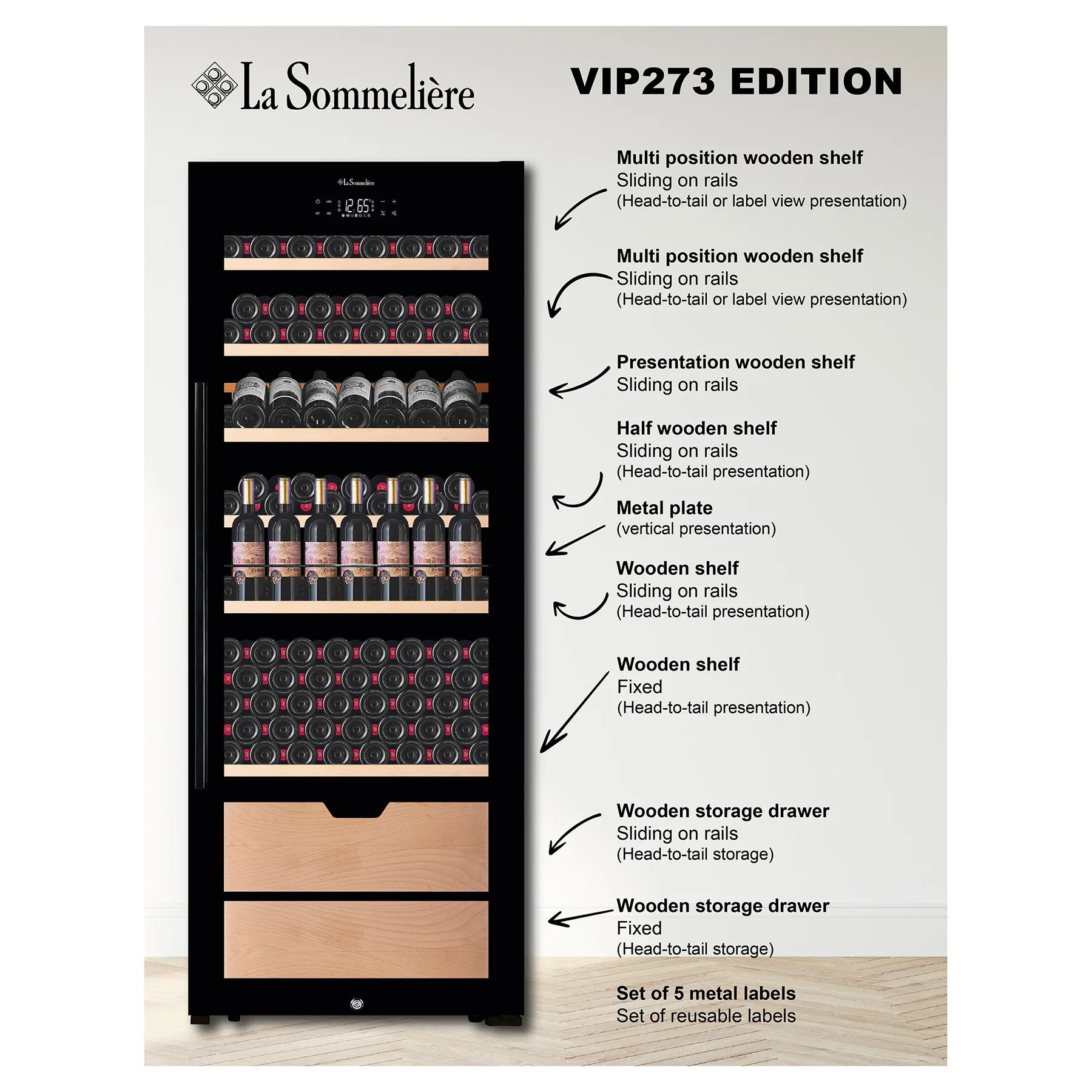 Infografía en inglés de la vinoteca La Sommelière VIP273 Edition mostrando sus estantes de madera ajustables, sistema de presentación y cajones de almacenamiento.