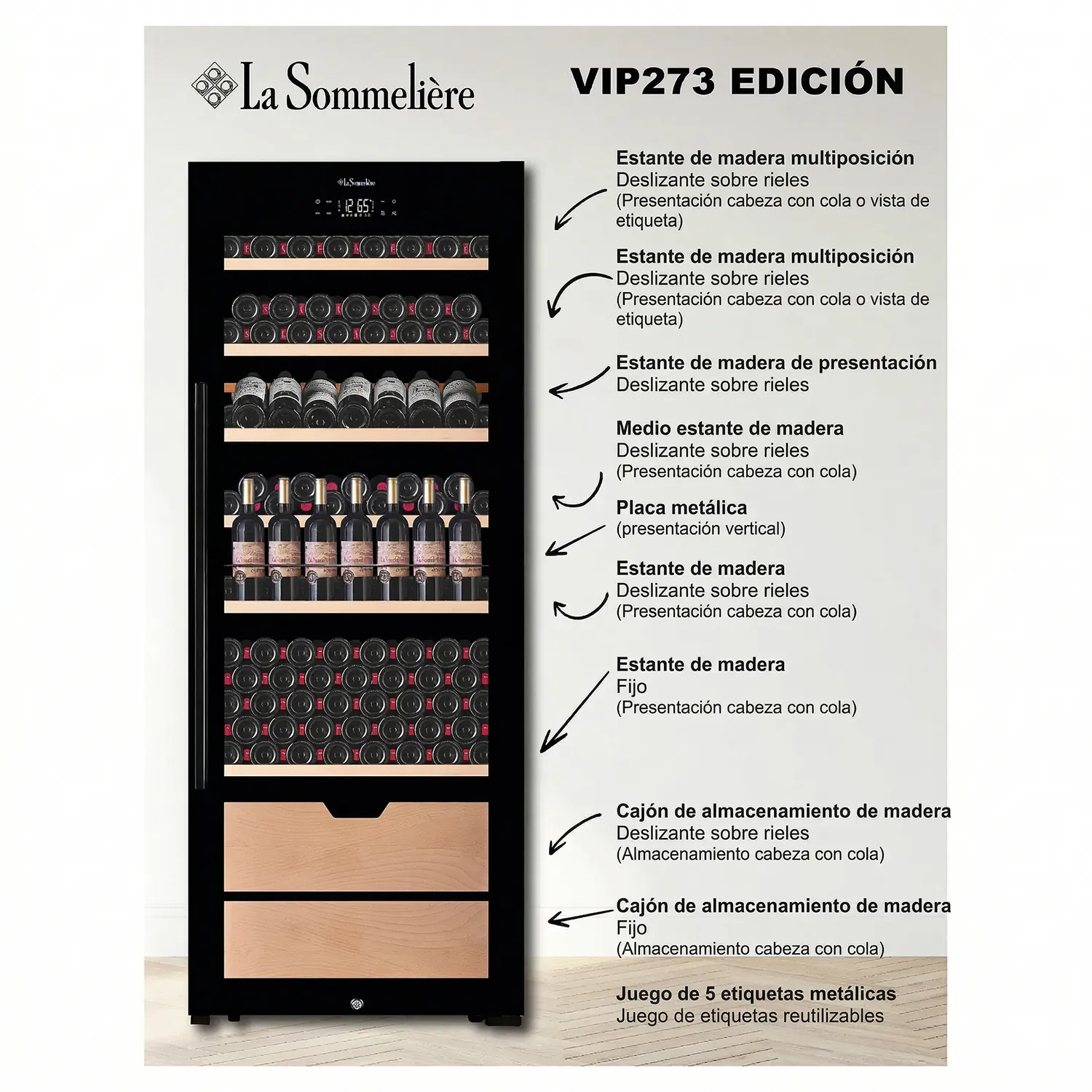 Infografía en español de la vinoteca La Sommelière VIP273 Edition detallando estantes deslizantes, presentación de botellas y cajones de almacenamiento.