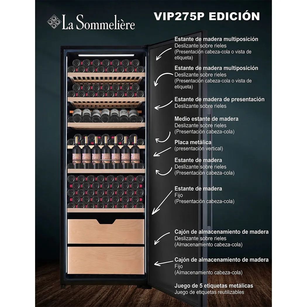 Infografía de la vinoteca La Sommelière VIP275P Edition con puerta abierta, mostrando la distribución interior de estantes de madera deslizantes, zonas de presentación, cajones y organización de botellas.