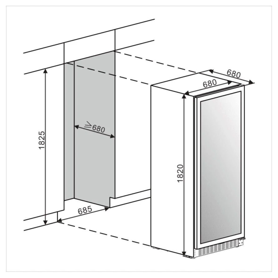 Dibujo técnico con medidas de instalación para la vinoteca mQuvée VELVET 220 Premium Package, indicando un hueco de 1825 mm de alto, 680 mm de ancho y 685 mm de fondo, en comparación con las dimensiones del aparato: 1820 mm de alto por 680 mm de ancho.