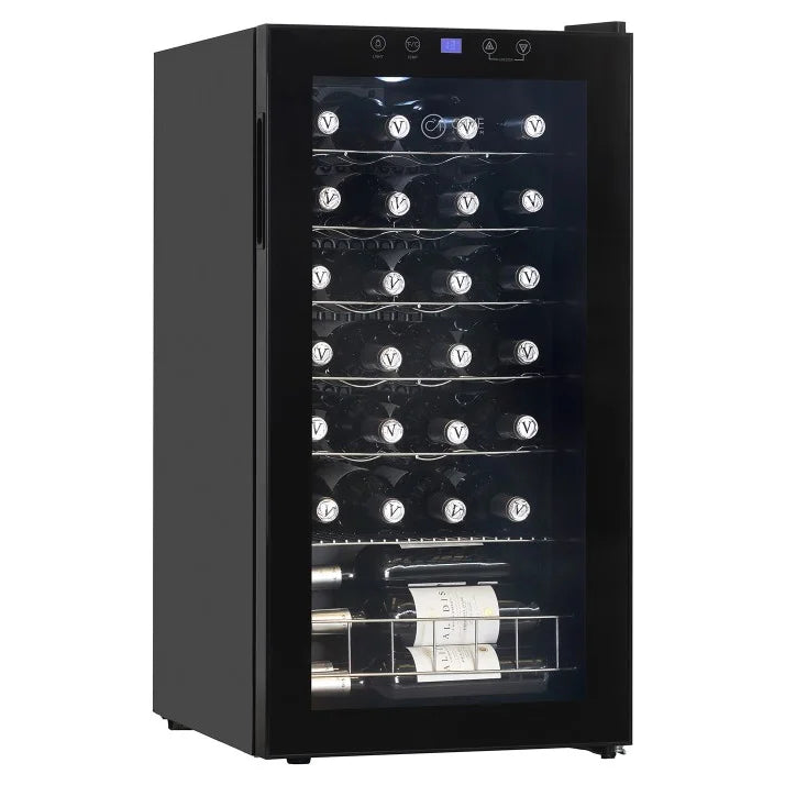 Cave Vinum CV-28C, vinoteca de 28 botellas, vista del interior con bandejas metálicas.