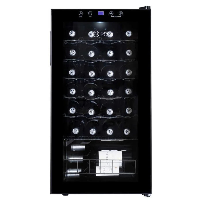 Vinoteca Cave Vinum CV-28C de 28 botellas, libre instalación, vista frontal del modelo negro.