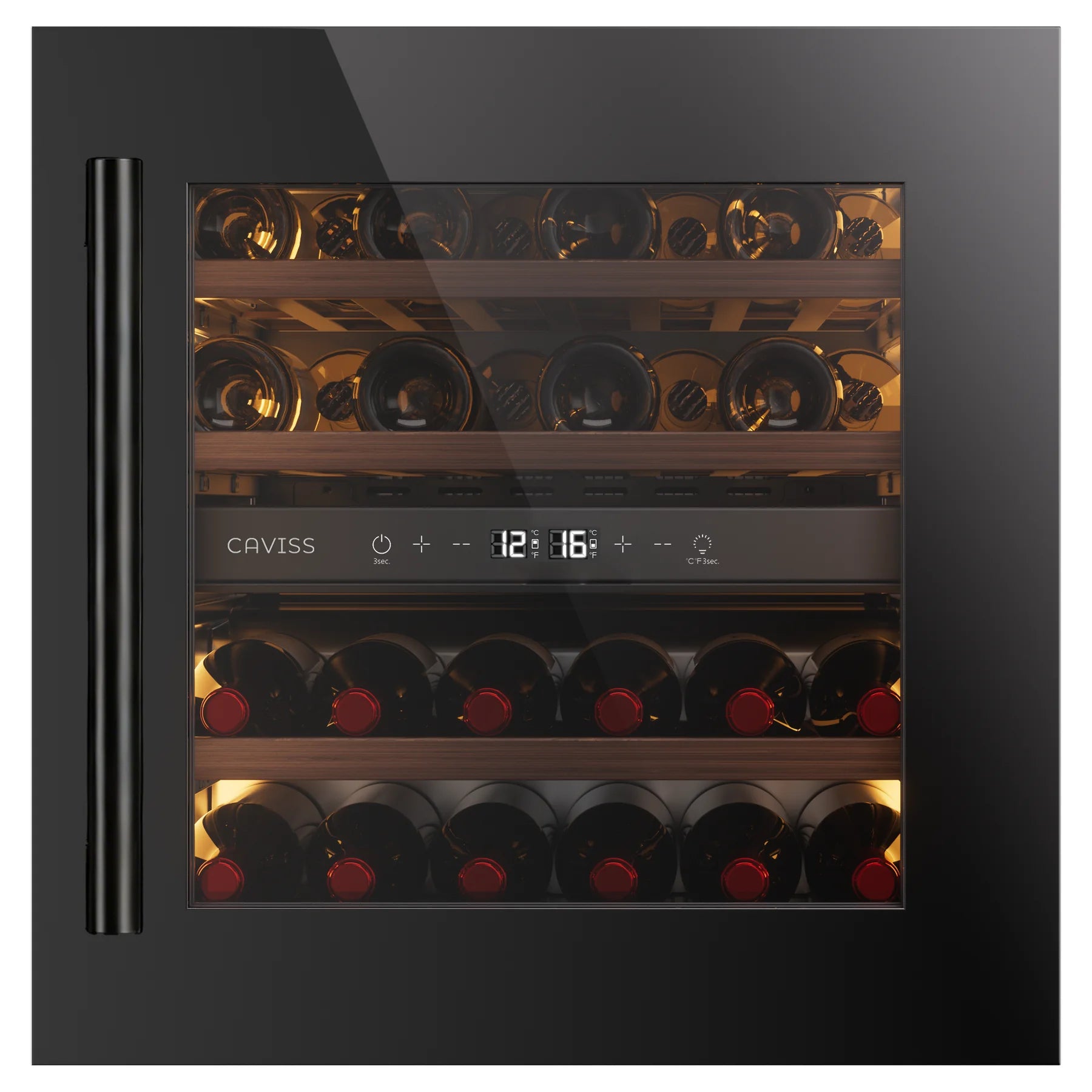 Vinoteca Caviss CT2E28H60N60 cerrada con botellas, vista frontal