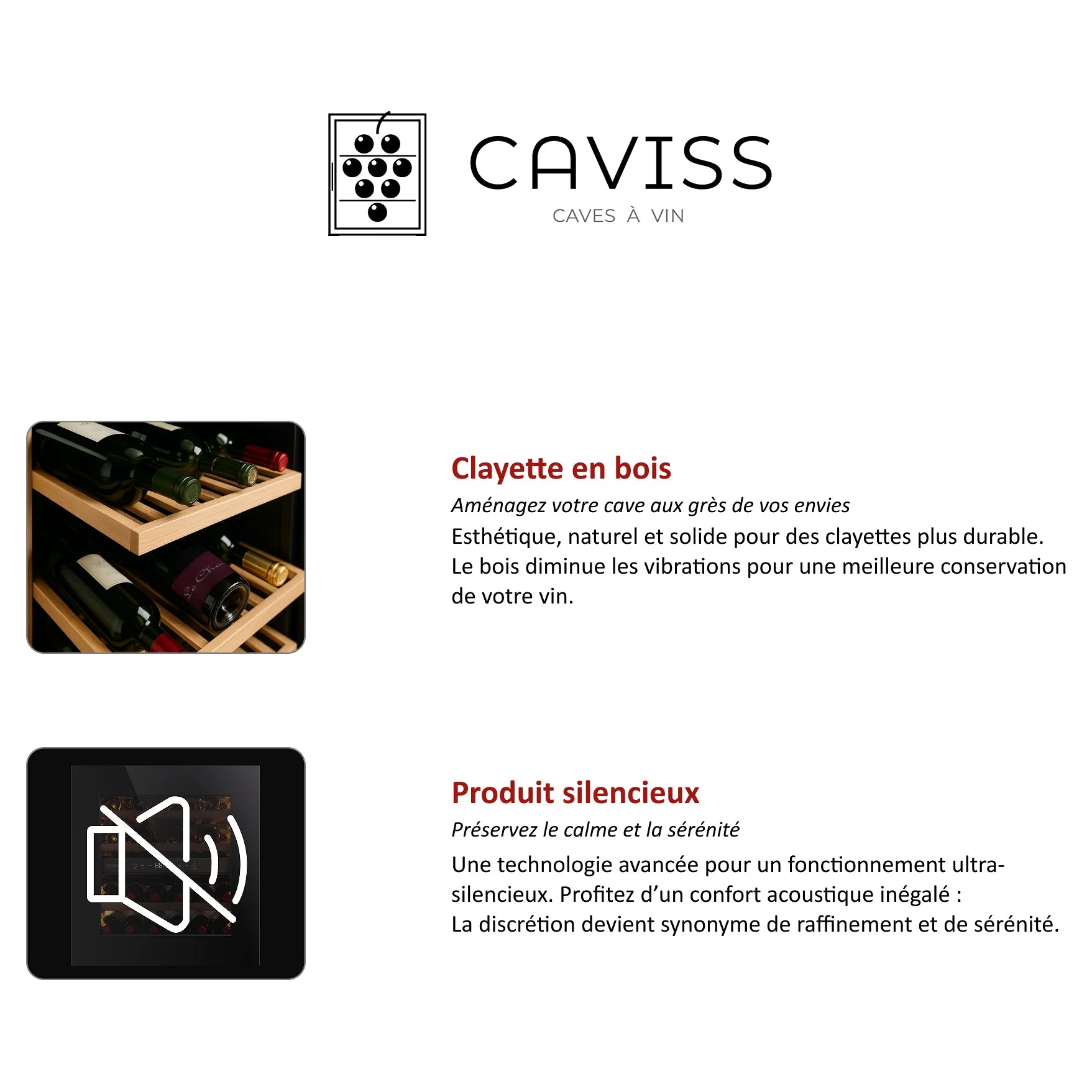 Características de la vinoteca Caviss CT2E28H60N60: estantes de madera y funcionamiento silencioso