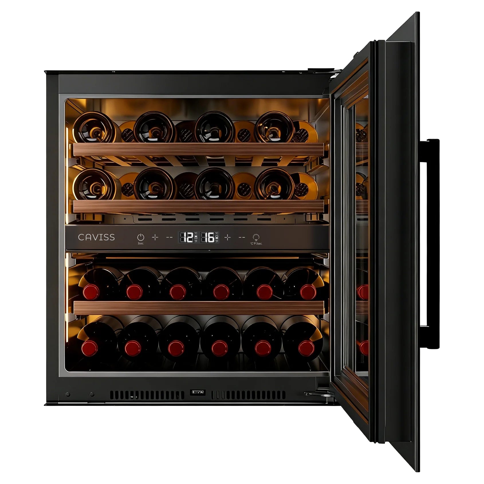 Vinoteca Caviss CT2E28H60N60 abierta con las dos zonas llenas de botellas