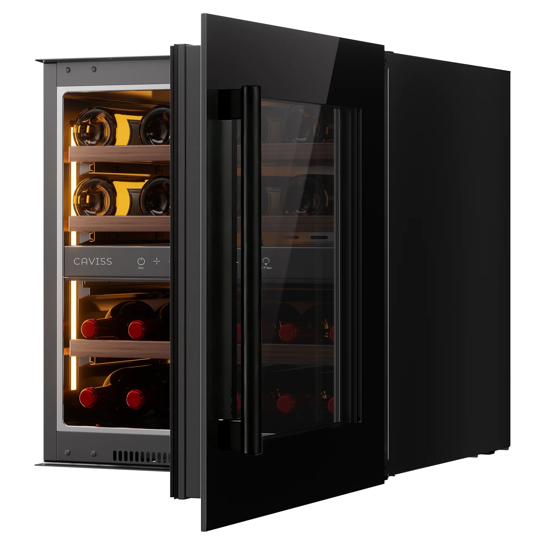 Vinoteca Caviss CT2E28H60N60 abierta mostrando los dos compartimentos