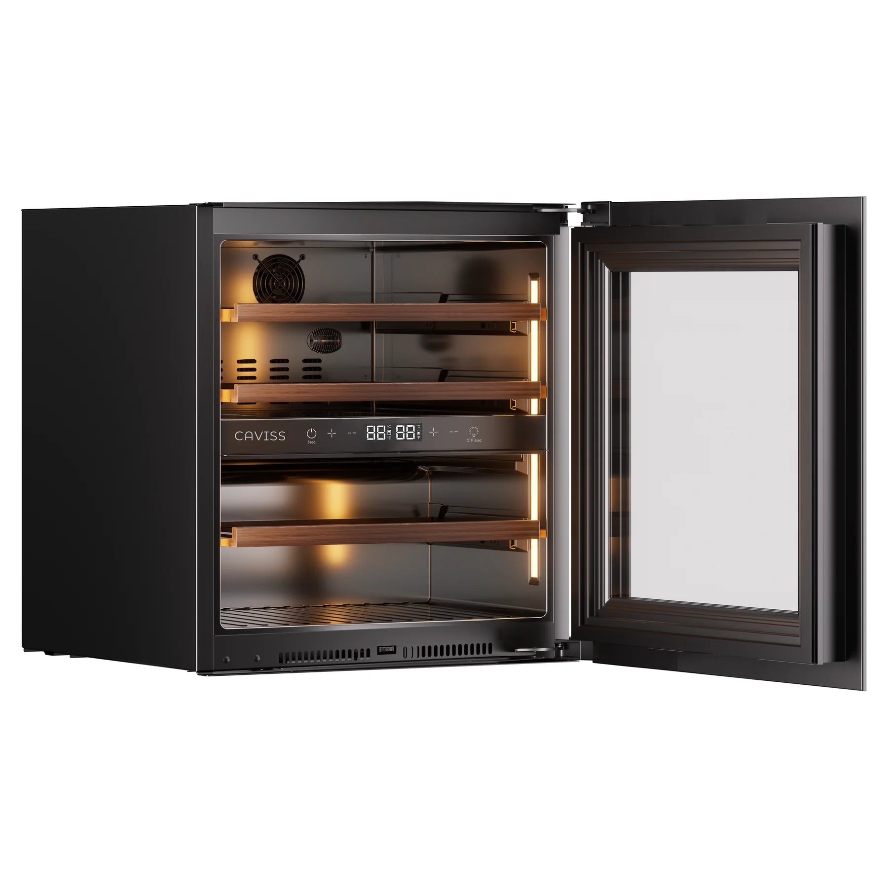 Interior vacío de la vinoteca Caviss CT2E28H60N60 con los estantes de madera