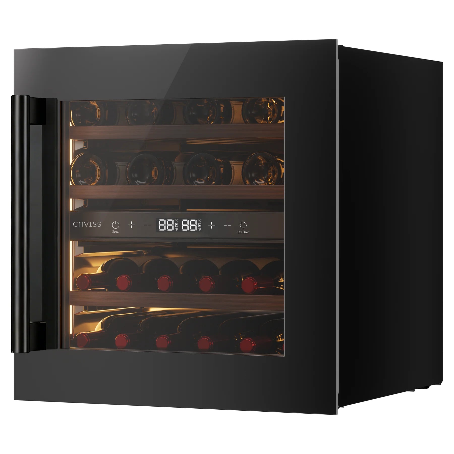 Vinoteca Caviss CT2E28H60N60 cerrada con la puerta acristalada de marco negro