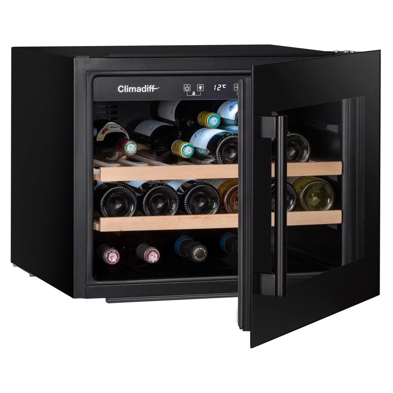 Vinoteca Climadiff CBI28S1B para 28 botellas con puerta de cristal negro, estantes de madera y control digital de temperatura.