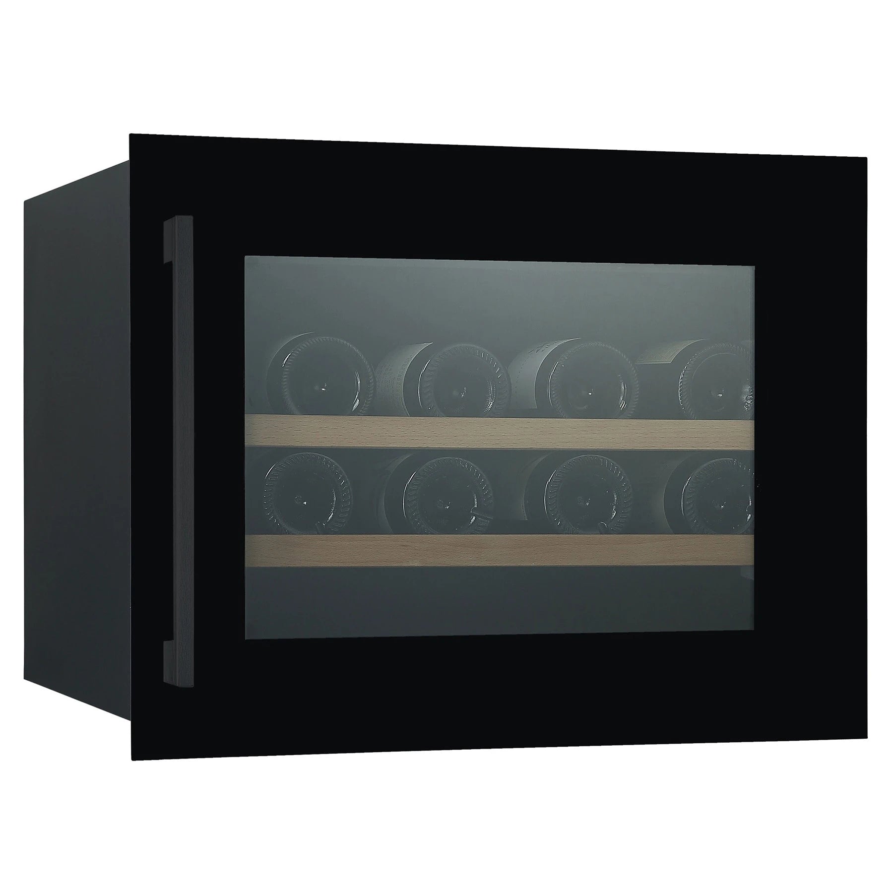 Vinoteca Climadiff CBI28S1B para 28 botellas con puerta de cristal negro y estantes de madera con botellas de vino.