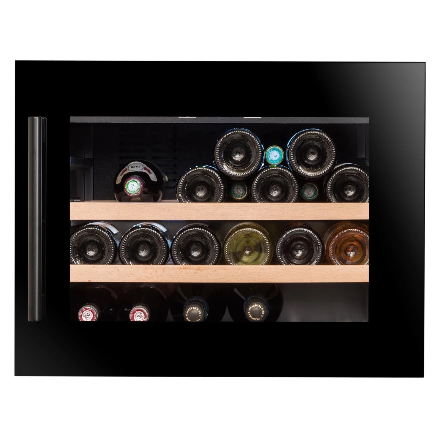 Vinoteca integrable Climadiff CBI28S1B para 28 botellas con puerta de vidrio negro y estantes de madera, botellas de vino almacenadas horizontalmente.