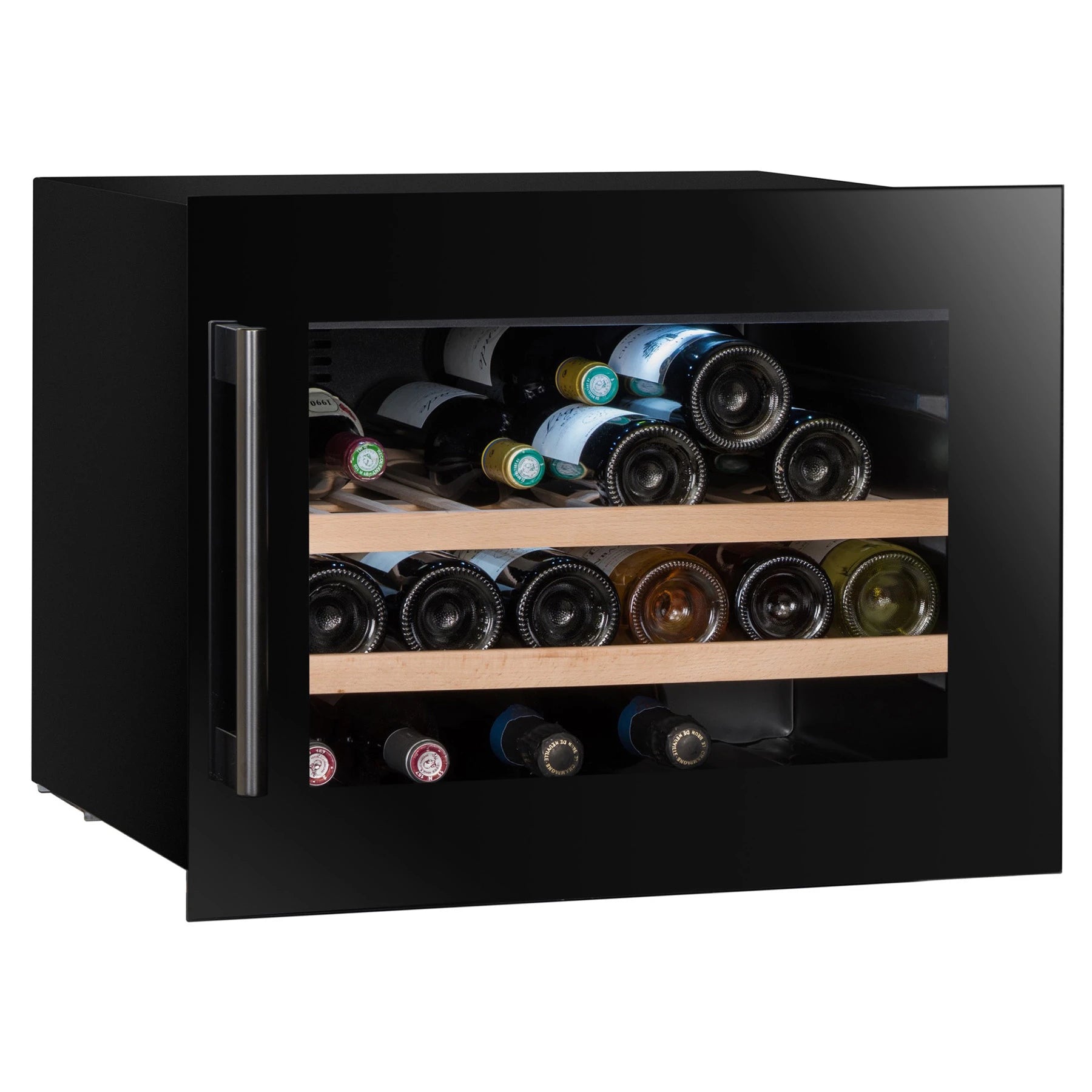 Vinoteca integrable Climadiff CBI28S1B de 28 botellas con puerta de vidrio negro y baldas de madera con botellas de vino.