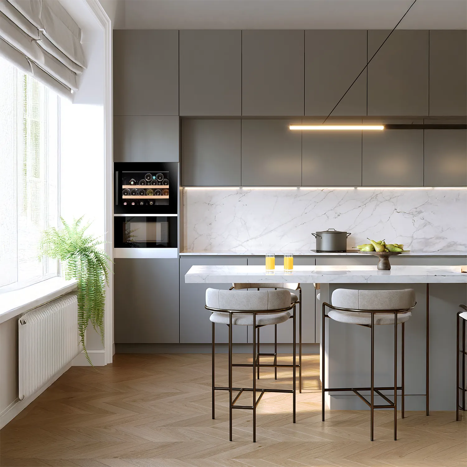 Vinoteca integrable Climadiff CBI28S1B para 28 botellas instalada en columna de cocina moderna con muebles grises y estantes de madera.