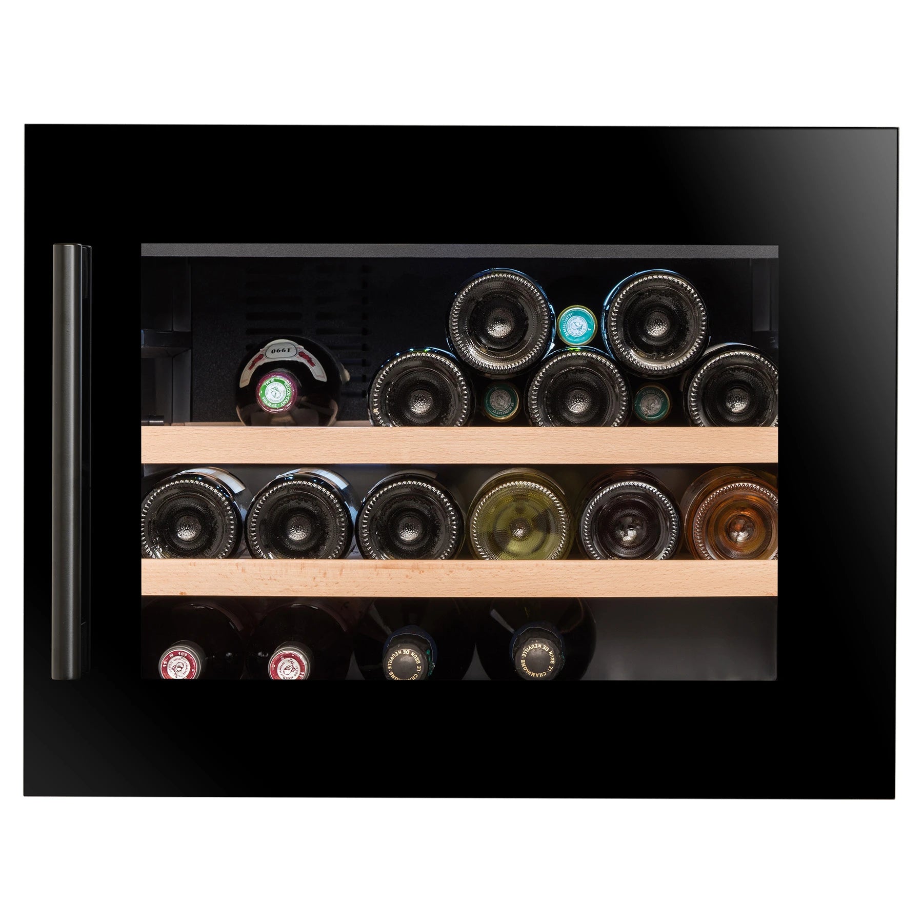 Vinoteca integrable Climadiff CBI28S2B para 28 botellas, vista frontal con puerta de cristal negro y tirador exterior