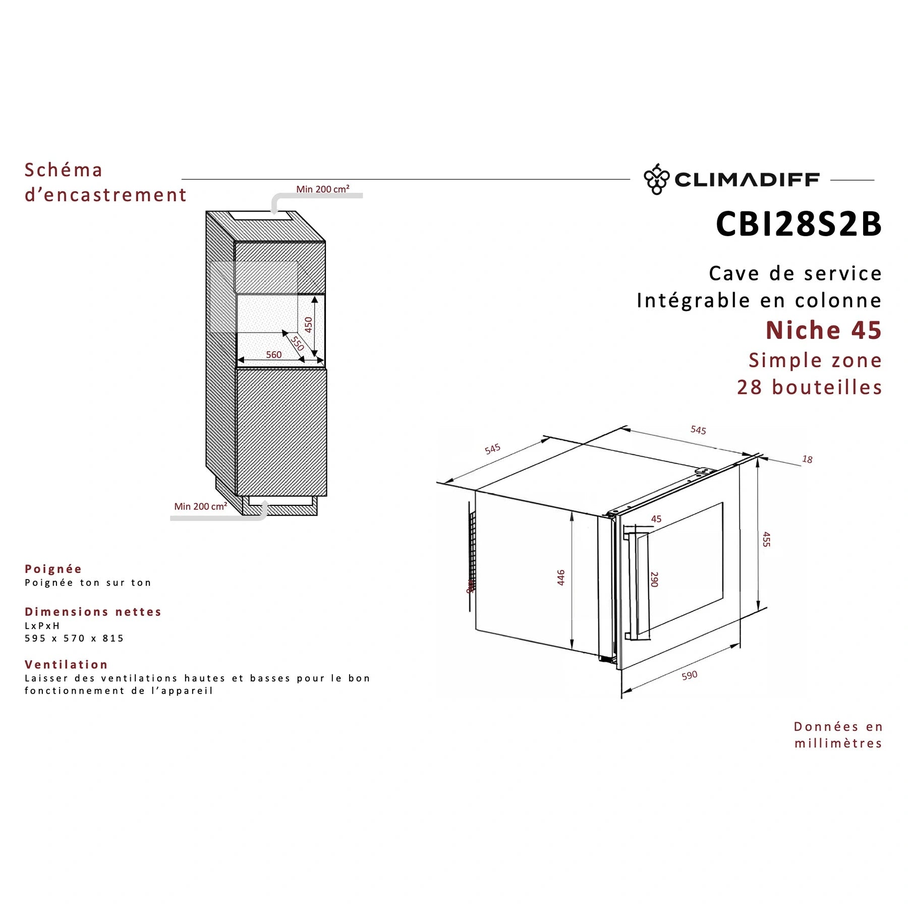 Vinoteca Climadiff CBI28S2B para 28 botellas con diseño integrable en columna y tirador exterior
