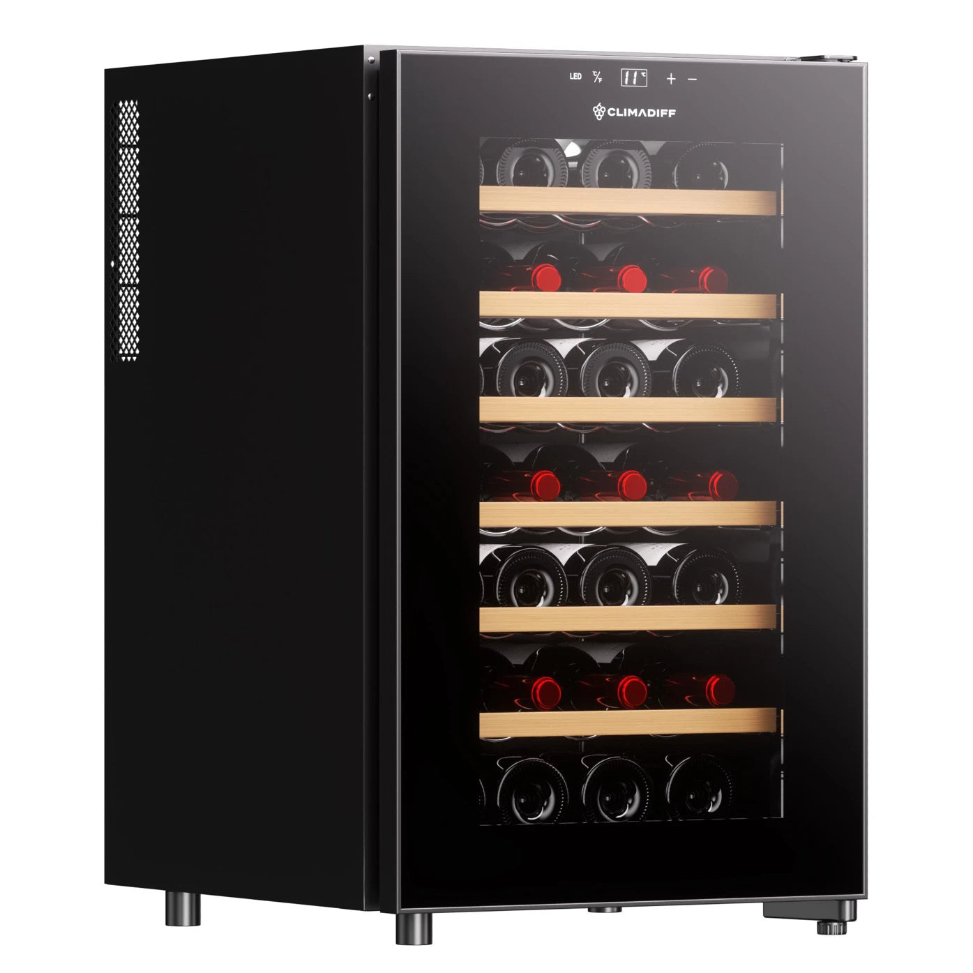 Vinoteca Climadiff CUVEE28 desde una perspectiva lateral, mostrando el diseño compacto, ventilación lateral y cinco estantes con botellas.