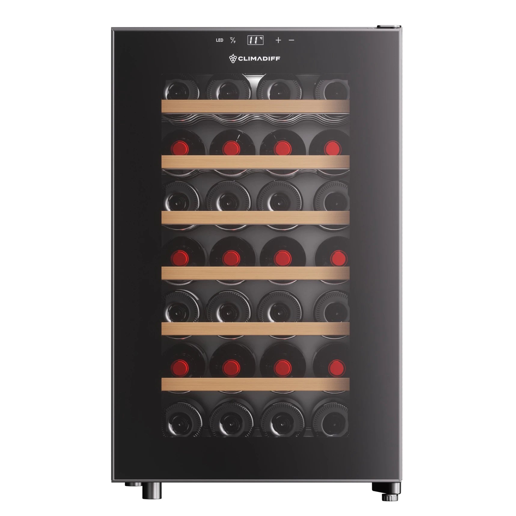 Vinoteca Climadiff CUVEE28 con puerta de vidrio, panel digital y estantes de madera, con capacidad para 28 botellas de vino.