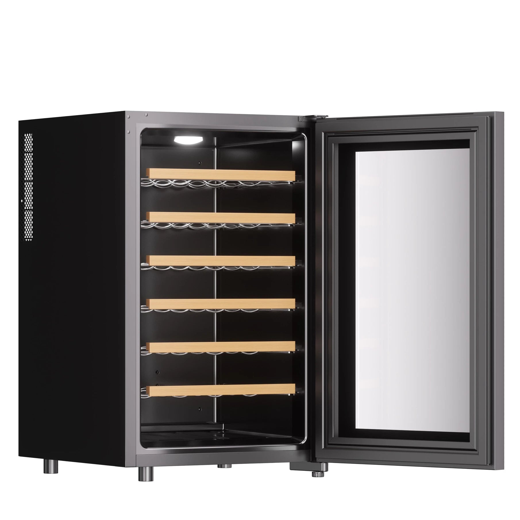 Vinoteca Climadiff CUVEE28 vacía con la puerta abierta, vista en ángulo lateral, mostrando seis estantes de madera y luz interna encendida.