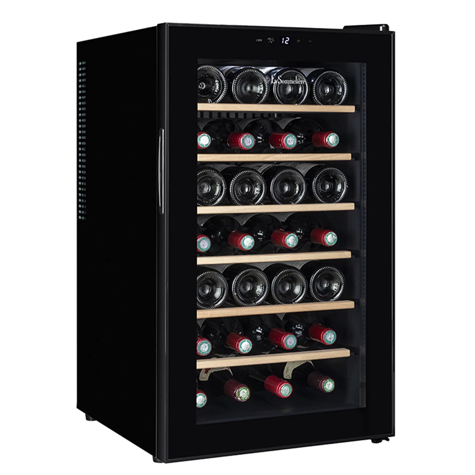 Vinoteca La Sommelière modelo 28SILENCE en acabado negro con puerta de cristal transparente y siete estantes de madera, cada uno con botellas de vino colocadas horizontalmente.
