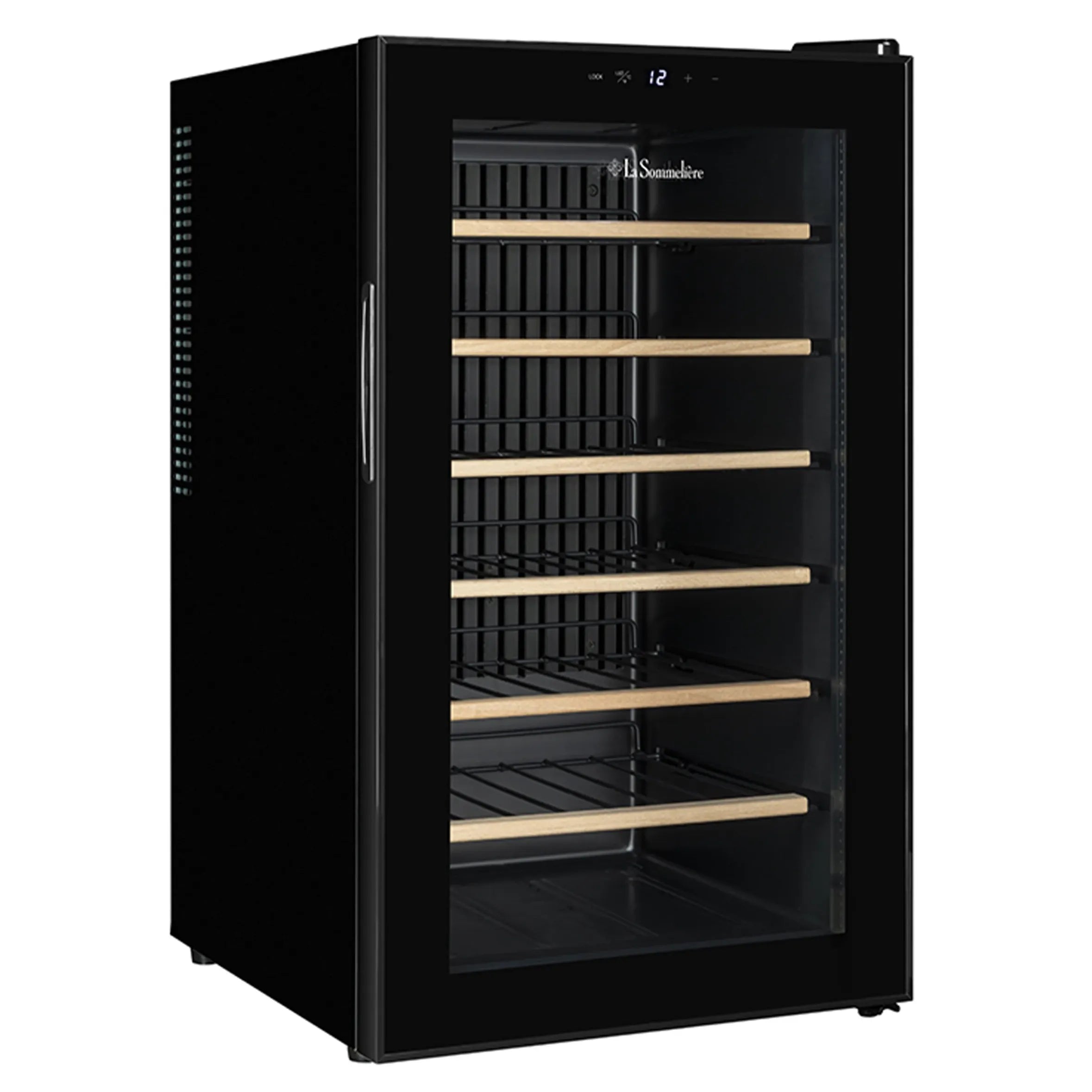 Vinoteca vacía La Sommelière 28SILENCE vista lateralmente, mostrando el diseño elegante de una sola puerta, ventilación lateral y estanterías de madera clara.